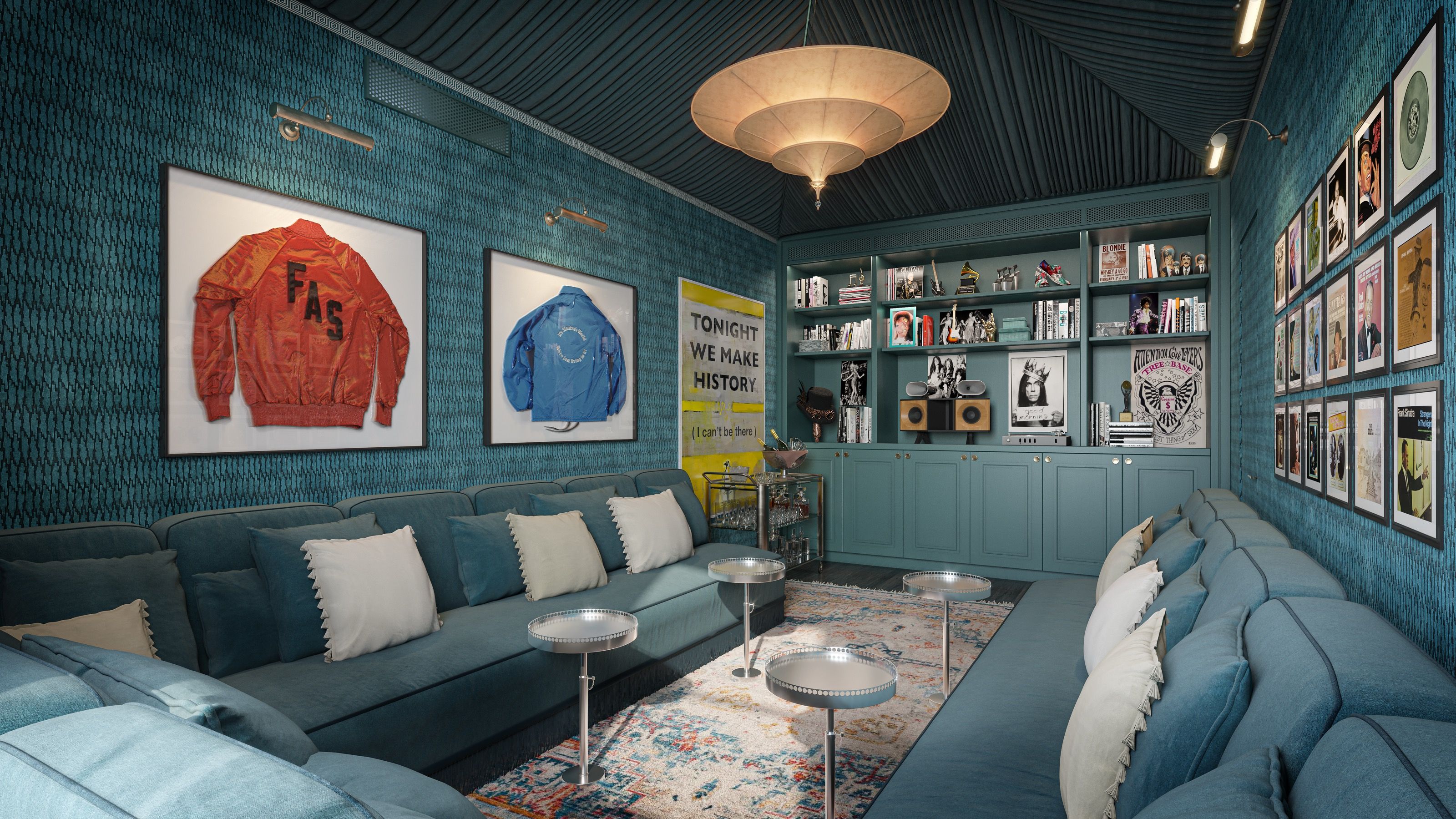 Interior 3D rendering of the Hideaway at The 'Quin House, a deep-teal media lounge with grasscloth walls, framed gallery art including framed jackets, built-in shelving, wraparound blue sofas, mushroom side tables, and a domed pendant.