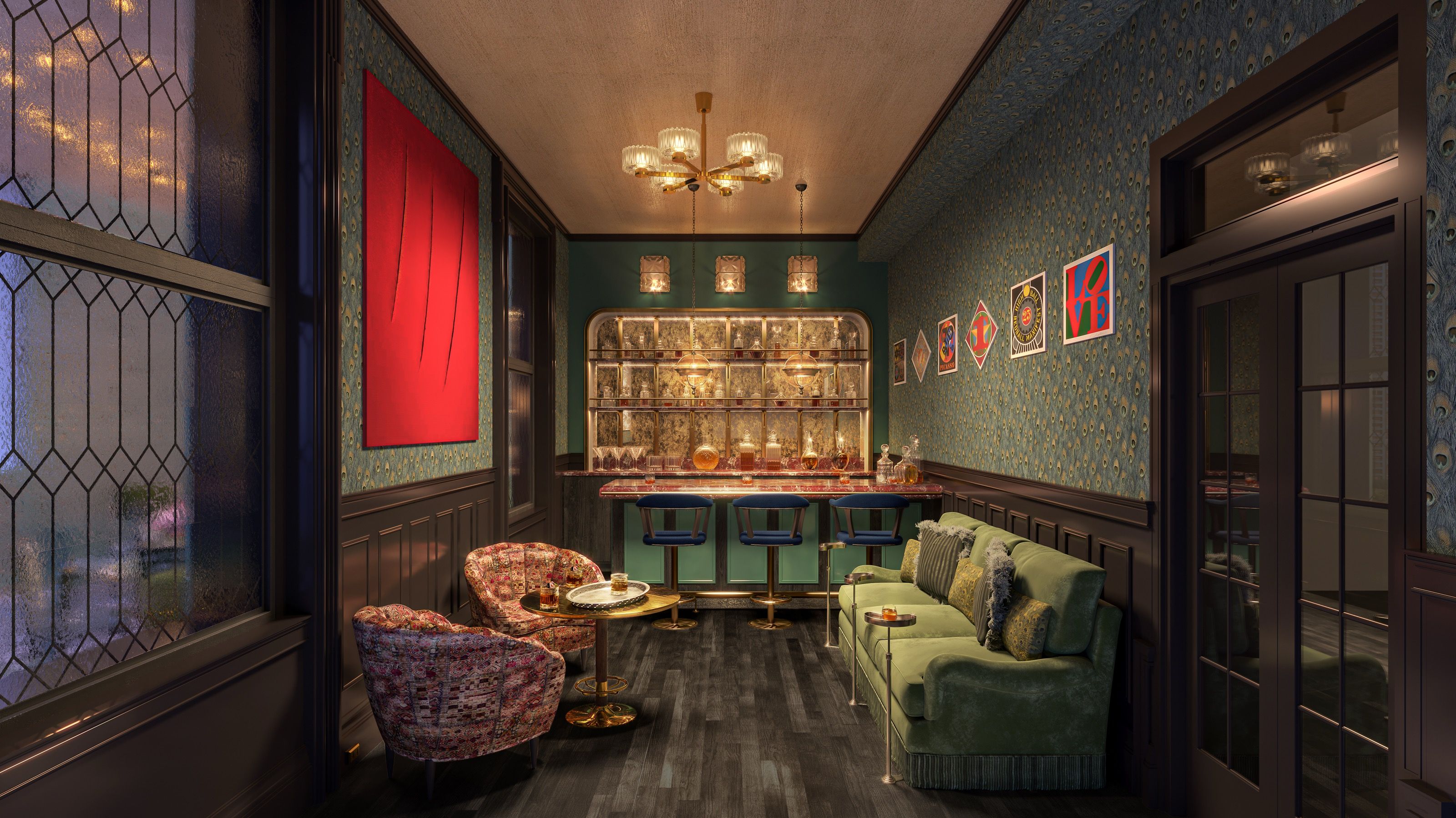 Interior 3D rendering of the Little Bar at The 'Quin House, a snug jewel-box bar with teal patterned wallpaper, leaded-glass windows, an arched backbar of bottles and glassware, a green tufted sofa, and a patterned tub chair.