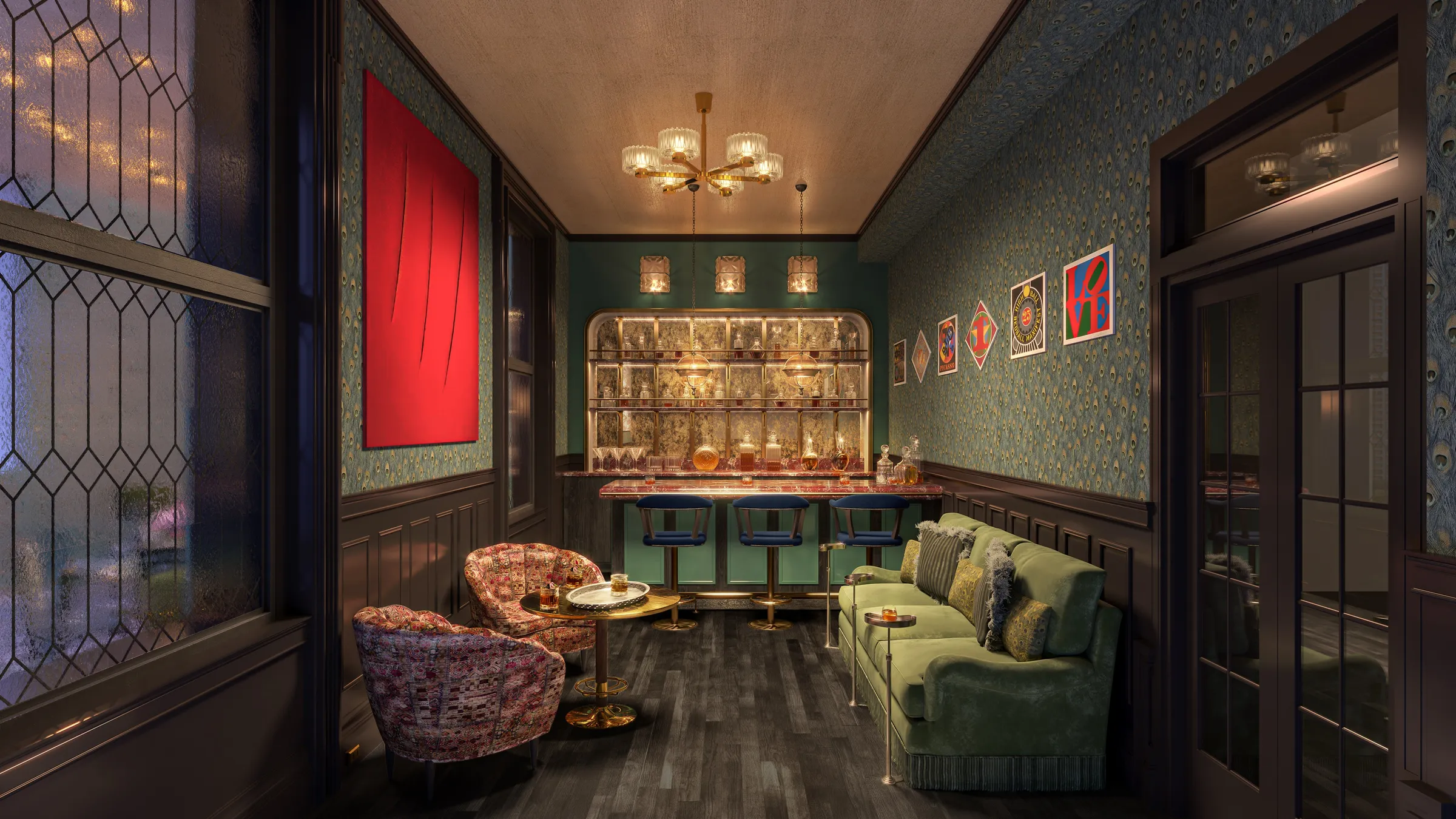 Interior 3D rendering of the Little Bar at The 'Quin House, a snug jewel-box bar with teal patterned wallpaper, leaded-glass windows, an arched backbar of bottles and glassware, a green tufted sofa, and a patterned tub chair.