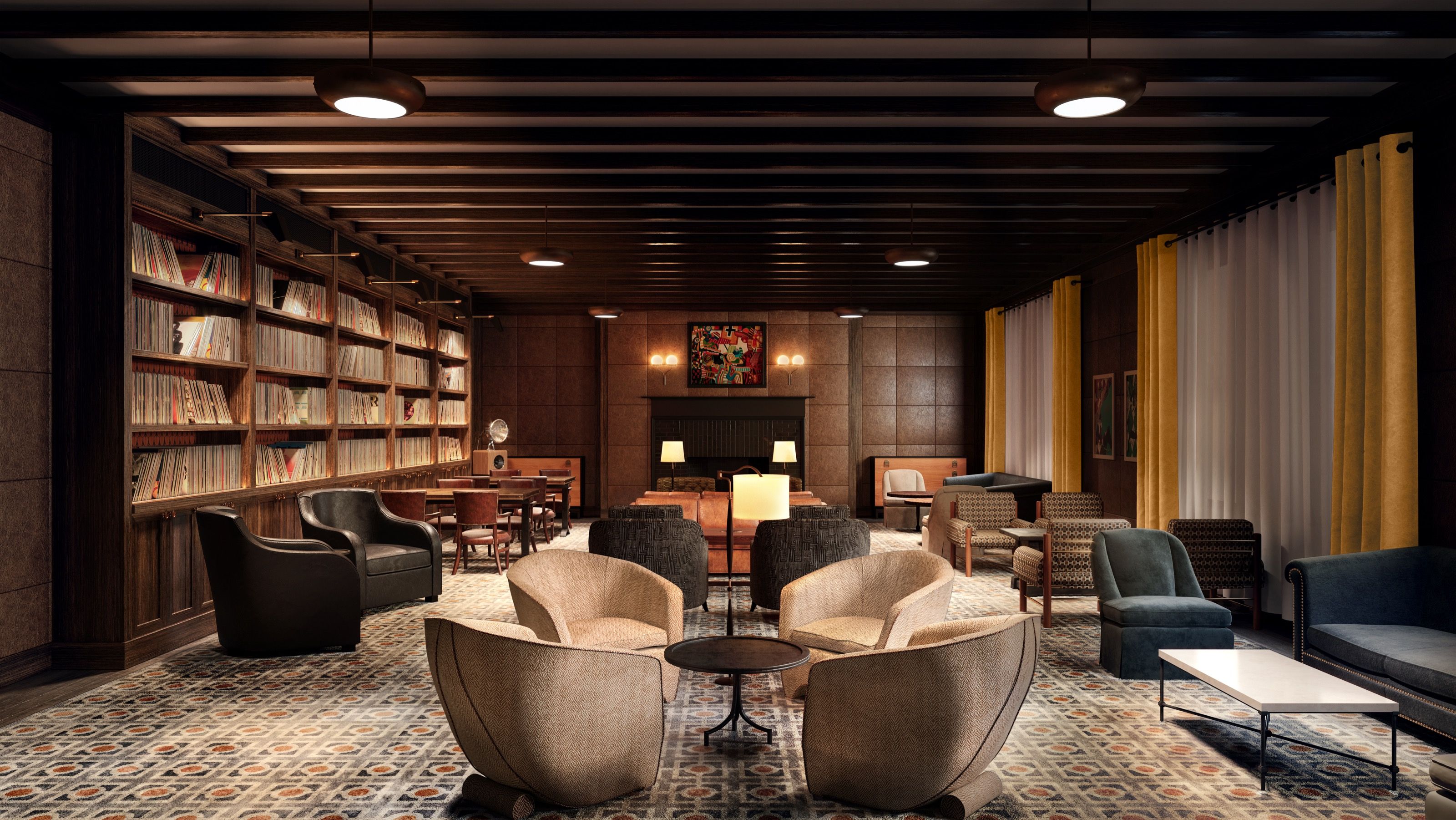 Interior 3D rendering of the Living Room at The 'Quin House, a dark wood-panelled library and lounge with a bookshelf wall, beamed ceiling, fireplace, and a central pod of curved tan armchairs on a patterned carpet.