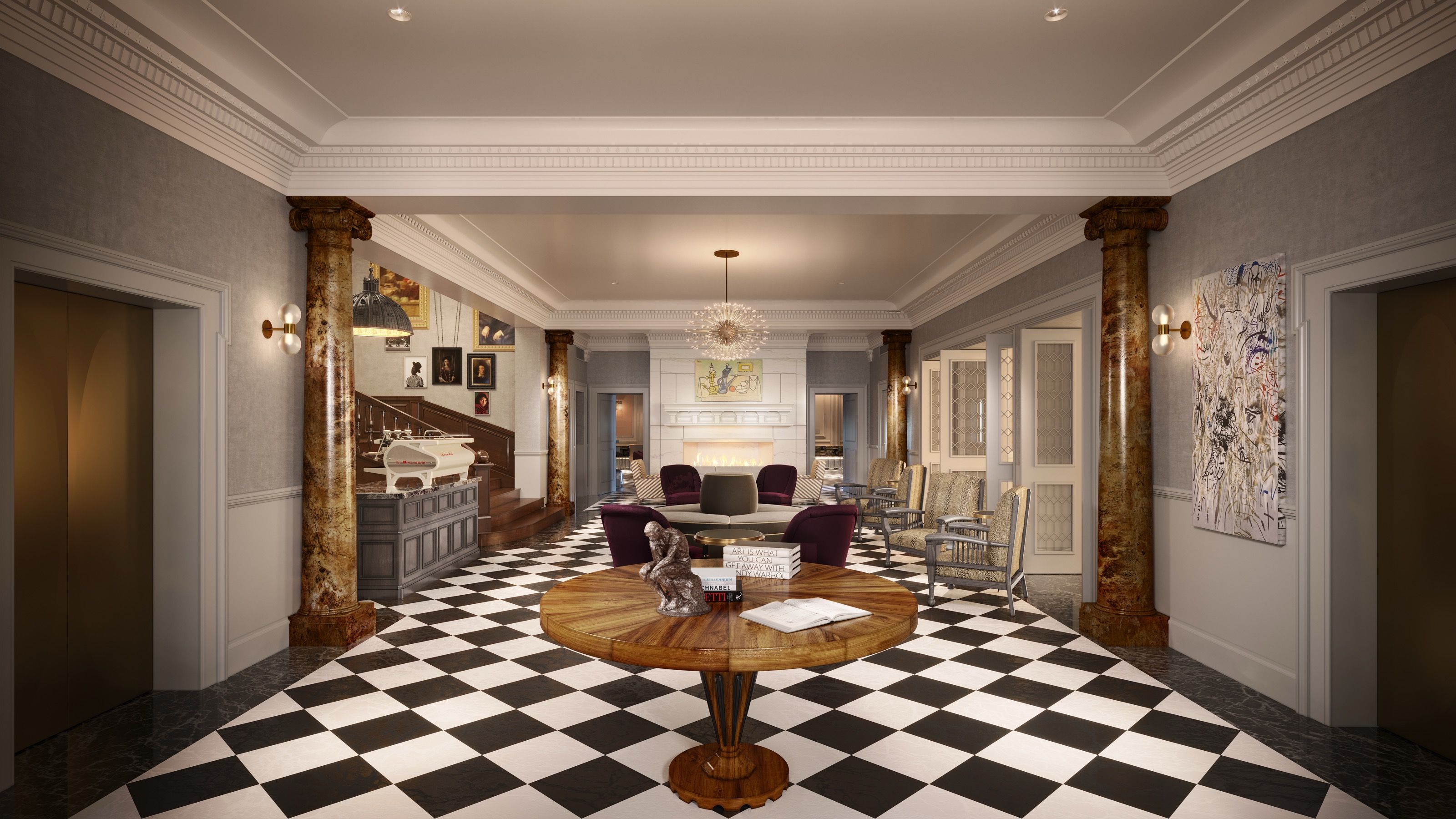 Interior 3D rendering of the Lobby at The 'Quin House, a refined arrival hall with a black-and-white checkerboard marble floor, marbled columns, a round wood center table, reception millwork, and a small chandelier.
