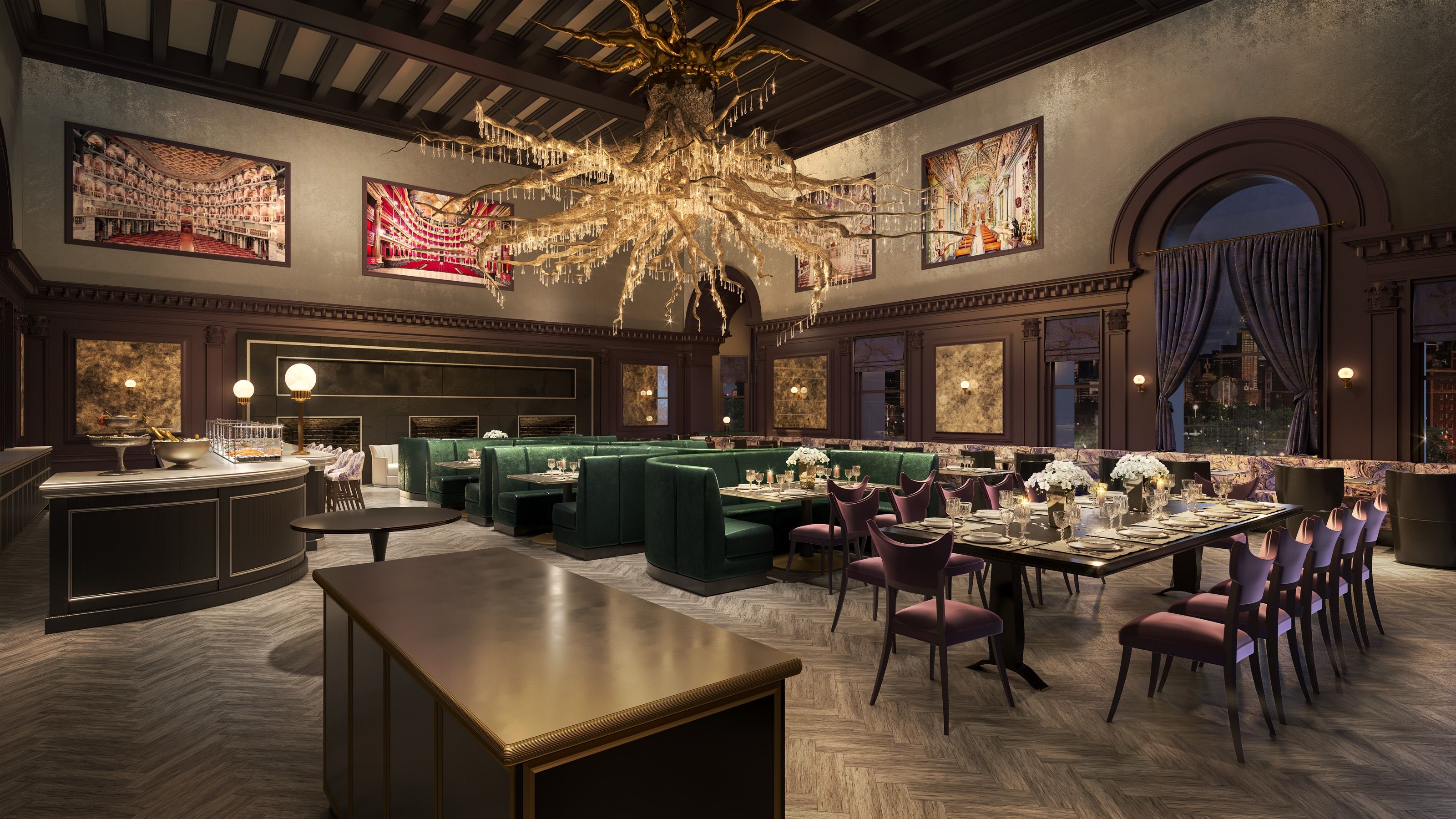 Interior 3D rendering of the Main Dining room at The 'Quin House in Boston, a grand double-height room with a cascading crystal chandelier, green leather banquettes, and gilt-framed opera artwork.
