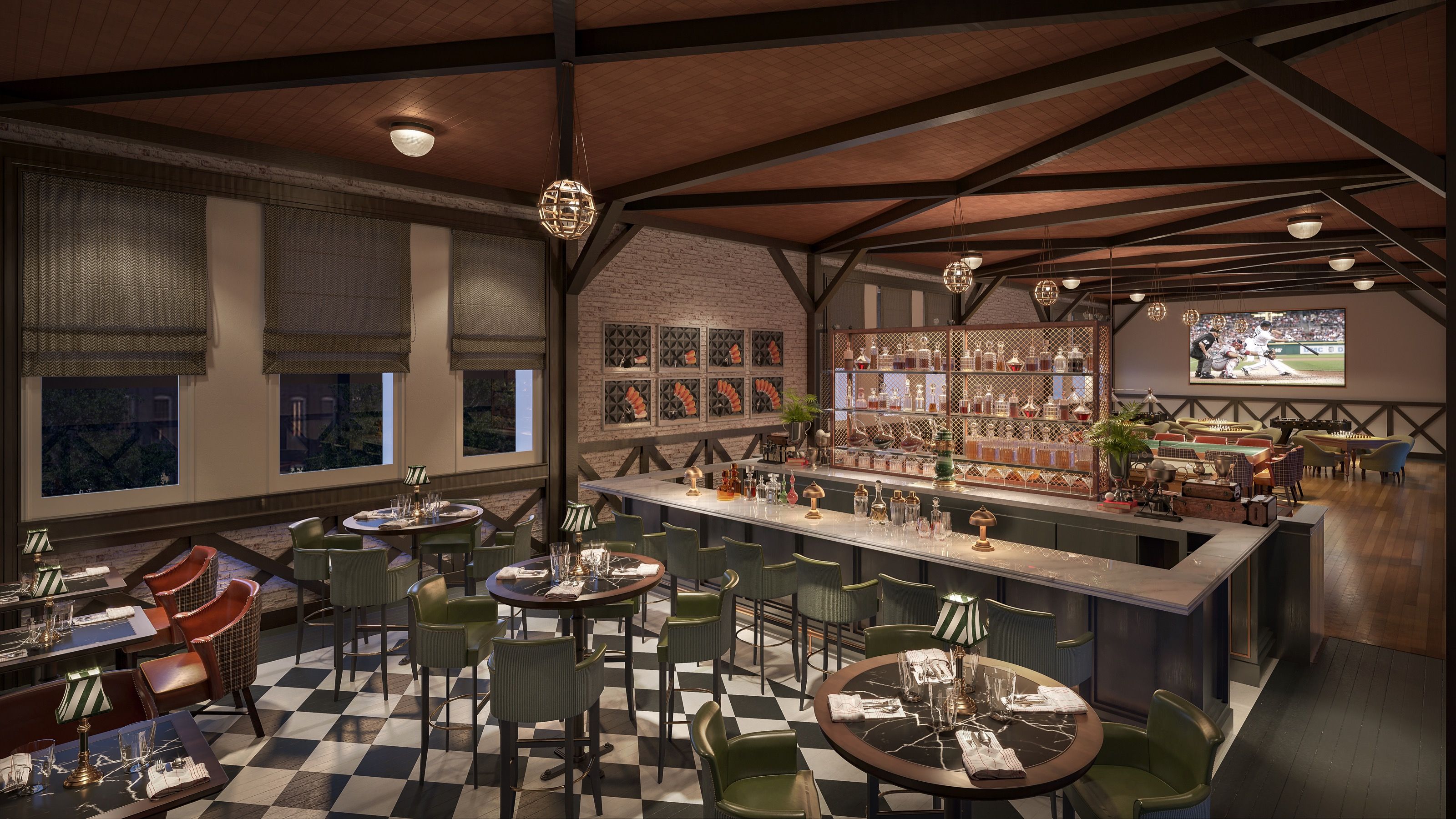 Interior 3D rendering of the Pub at The 'Quin House, a sporty tavern under exposed timber trusses with a long bar, green leather chairs, a black-and-white checkered floor, a mounted television, and disco-ball pendants.