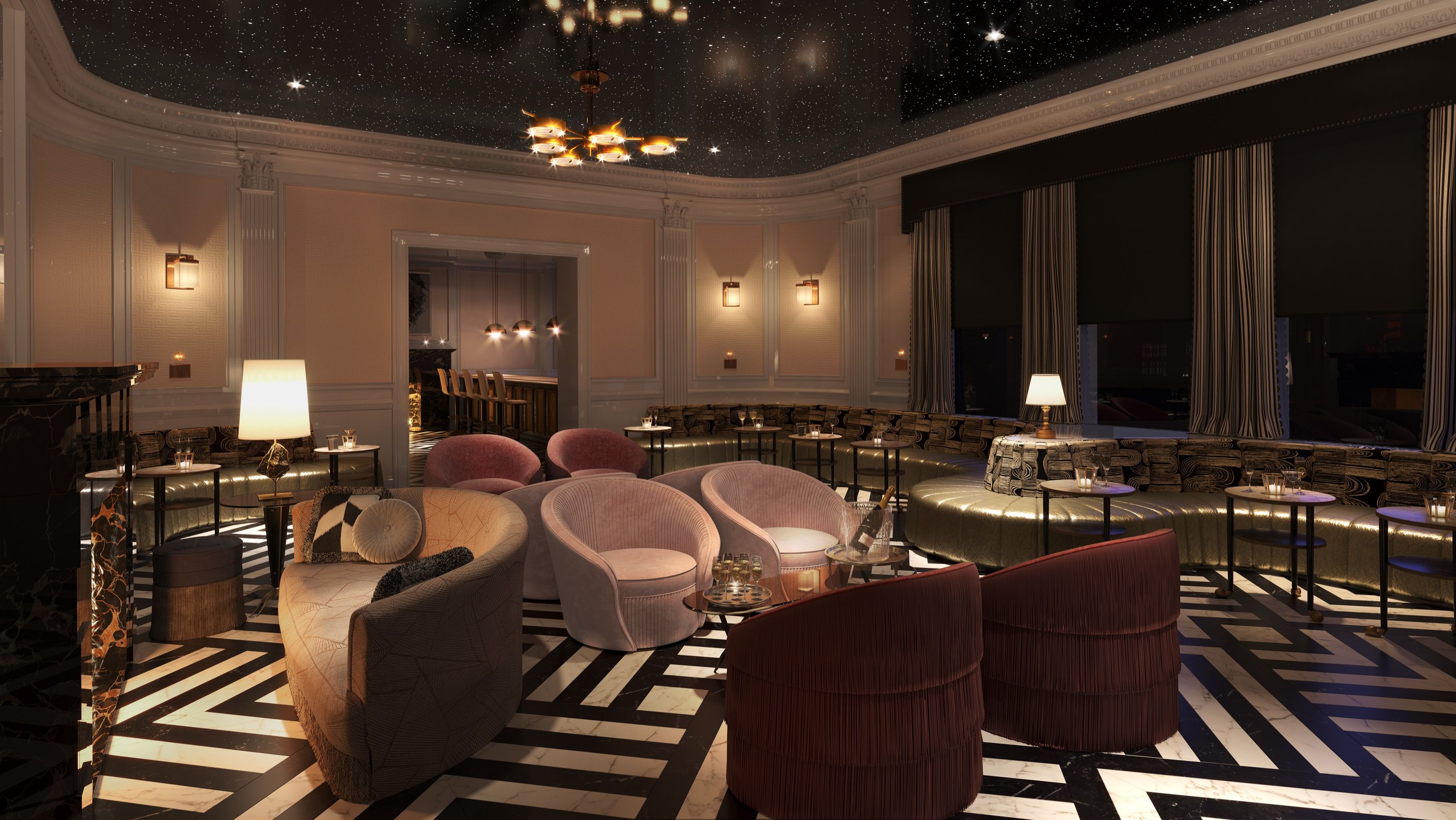 Interior 3D rendering of Scottie's at The 'Quin House, an intimate cocktail lounge with a starfield ceiling, a brass-and-glass chandelier, blush-pink velvet and oxblood tub chairs, gold leather banquettes, and a bold black-and-white chevron marble floor.