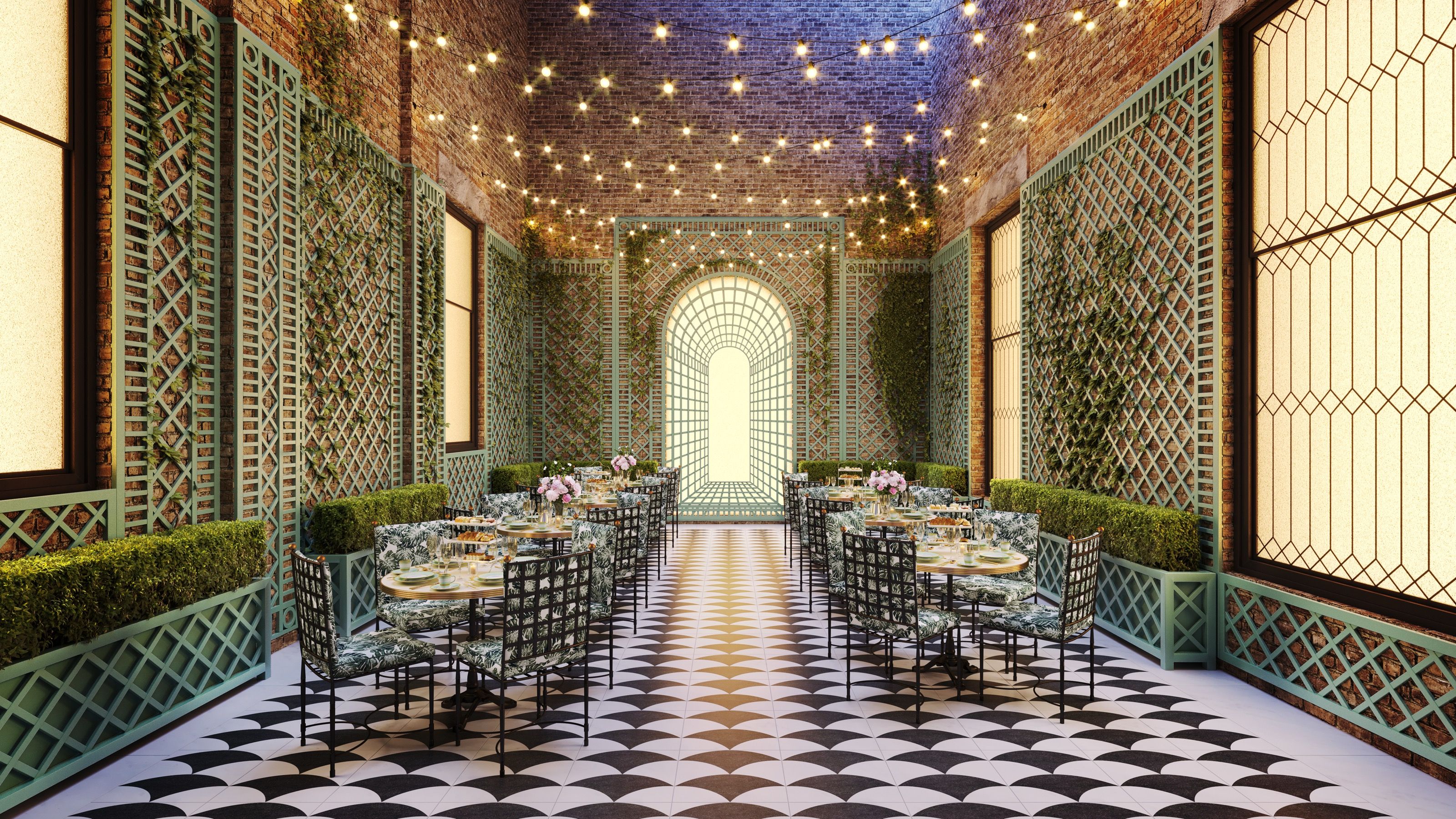 Interior 3D rendering of the Terrace at The 'Quin House, a garden-room dining space with green trellis walls, climbing greenery, a brick barrel-vault ceiling laced with fairy lights, an arched window at the end, and a graphic tile floor.