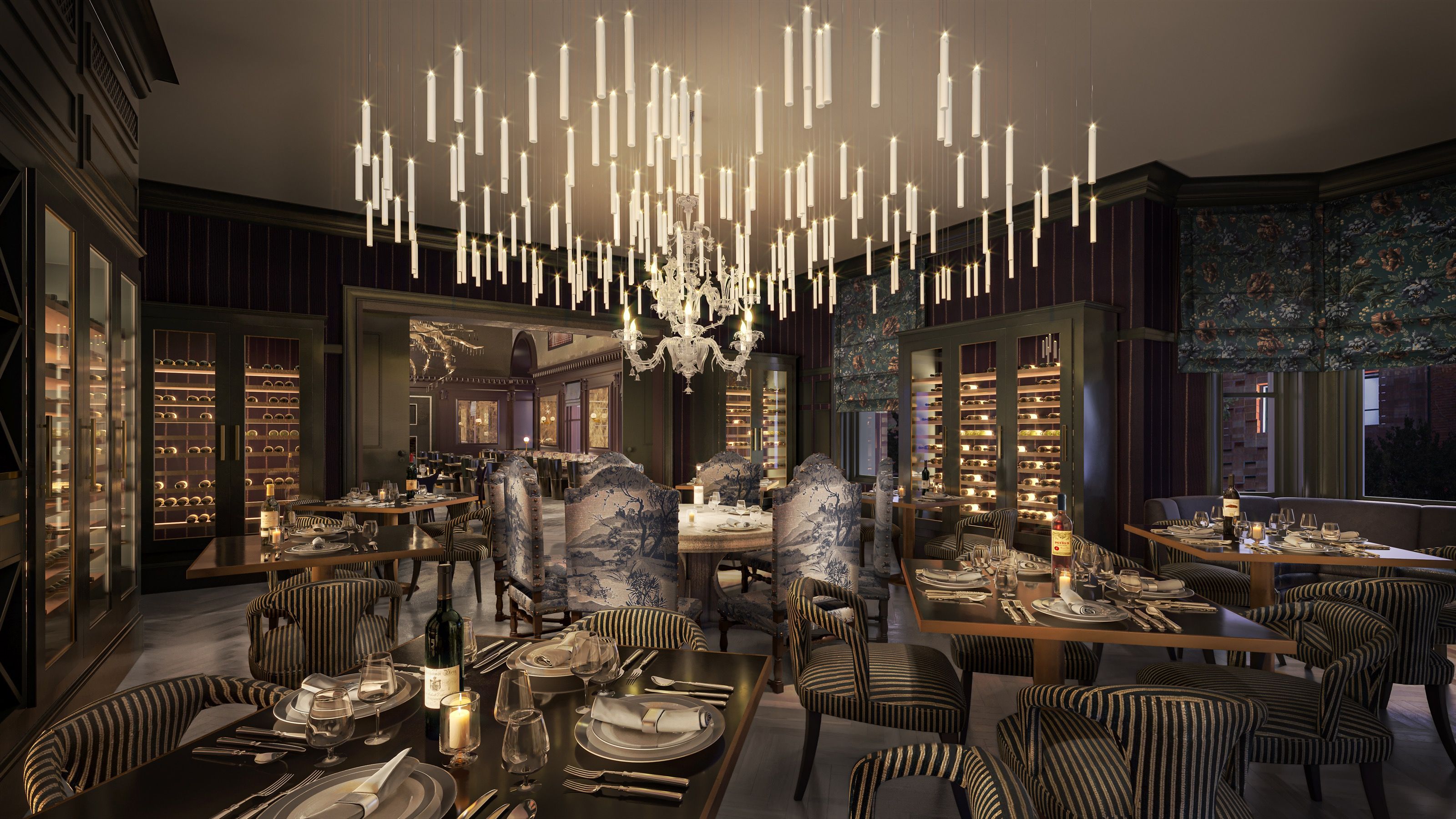 Interior 3D rendering of the Wine Room at The 'Quin House, a candlelit private dining room with floor-to-ceiling glass wine displays, a dramatic cluster of tube pendants over a crystal chandelier, blue-and-white toile chairs, and set tables.