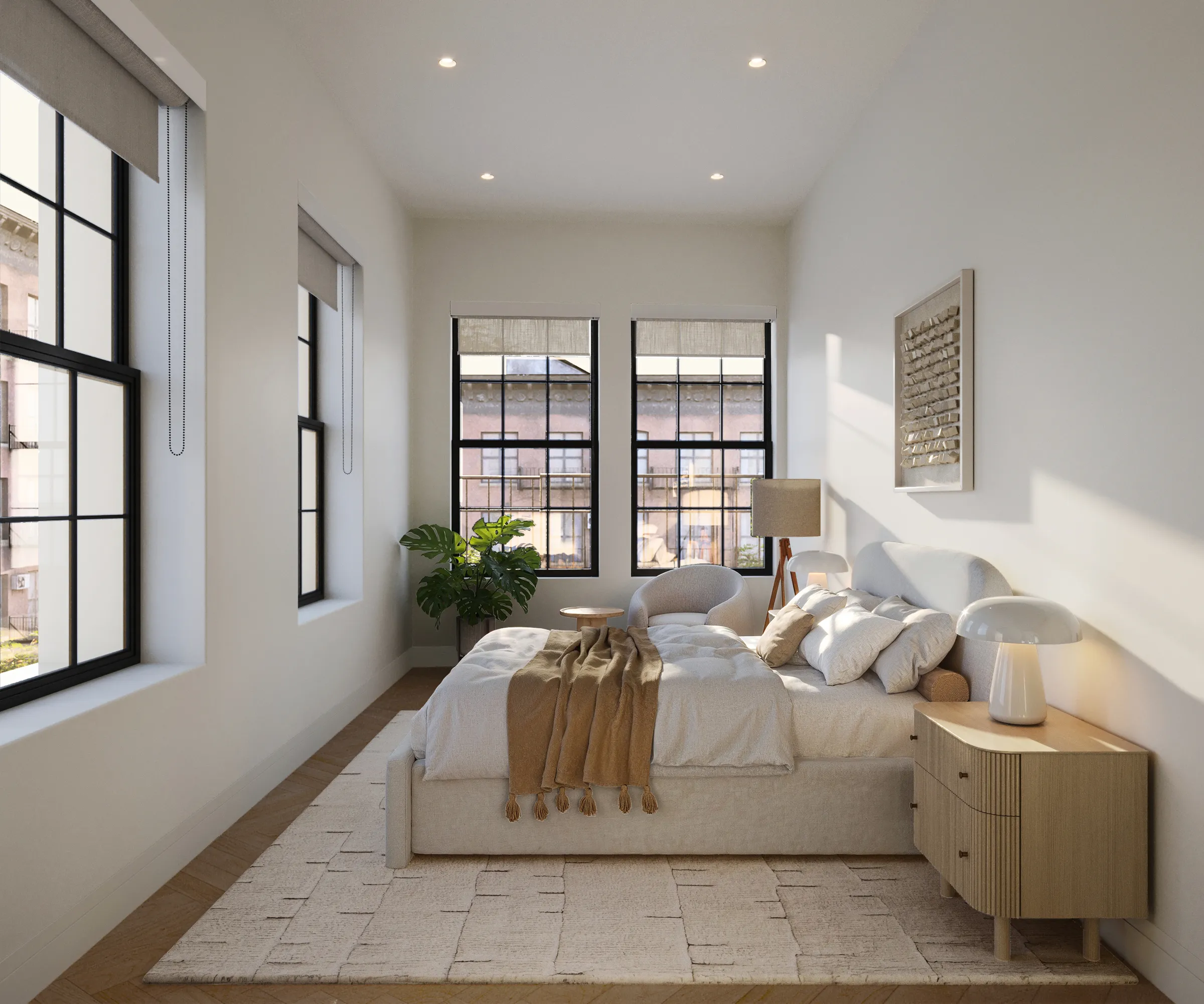 3D interior rendering of a secondary bedroom at The Willow in Manhattan, with a low bed dressed in a caramel throw, an oak nightstand, woven wall art, a plant, and tall windows looking onto the neighboring brick facade.