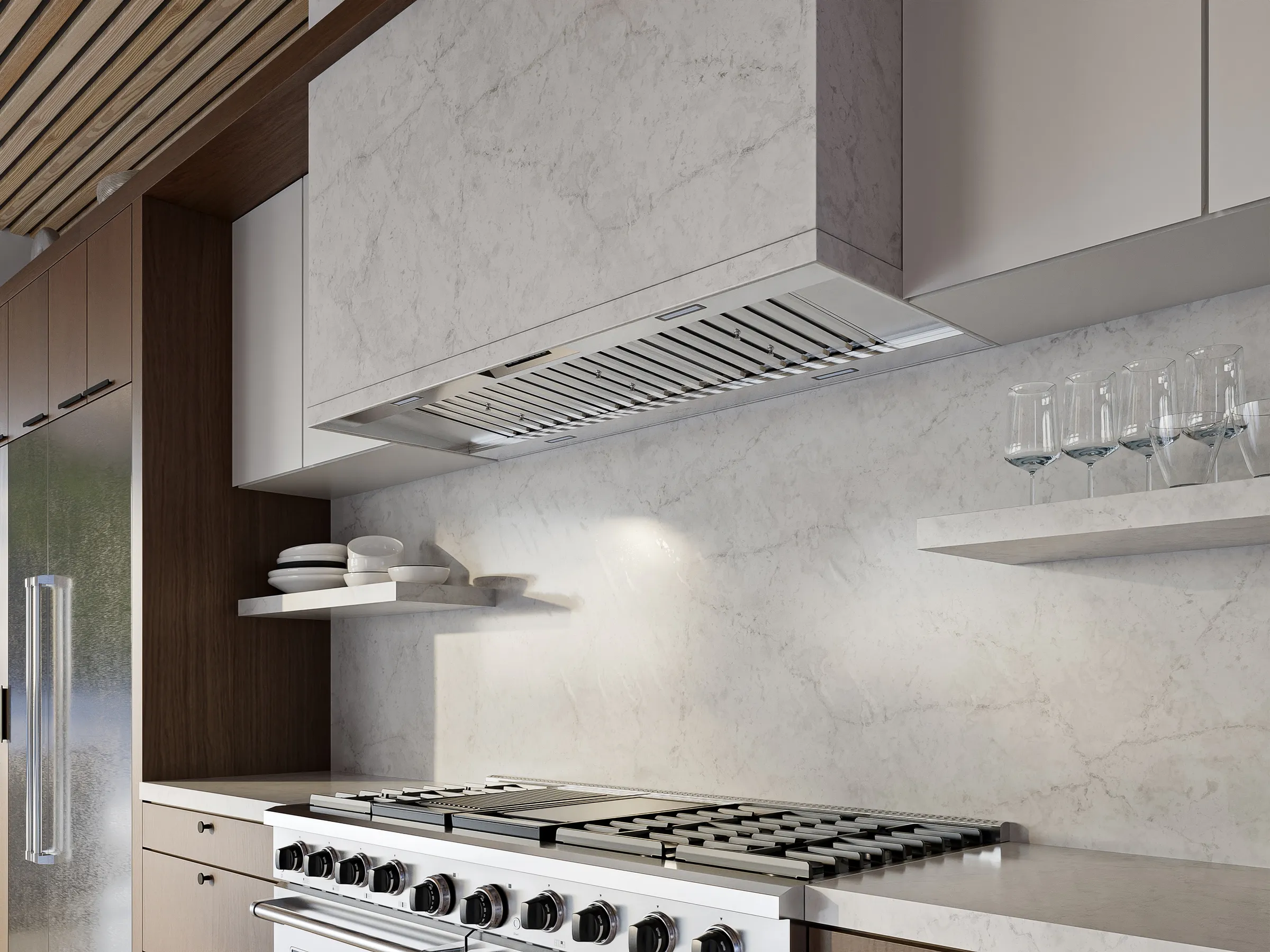 3D lifestyle rendering of a Thor Kitchen liner range hood