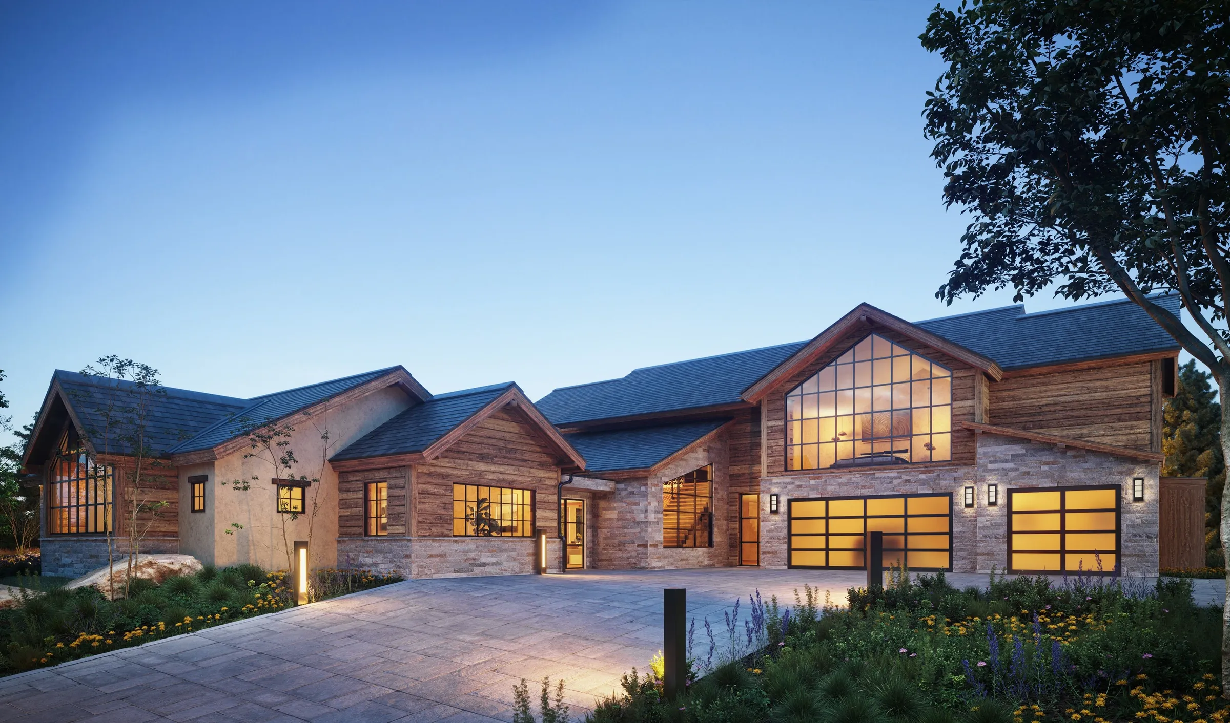 Dusk 3D rendering of a gabled timber and stone home with tall windows and a paved motor court