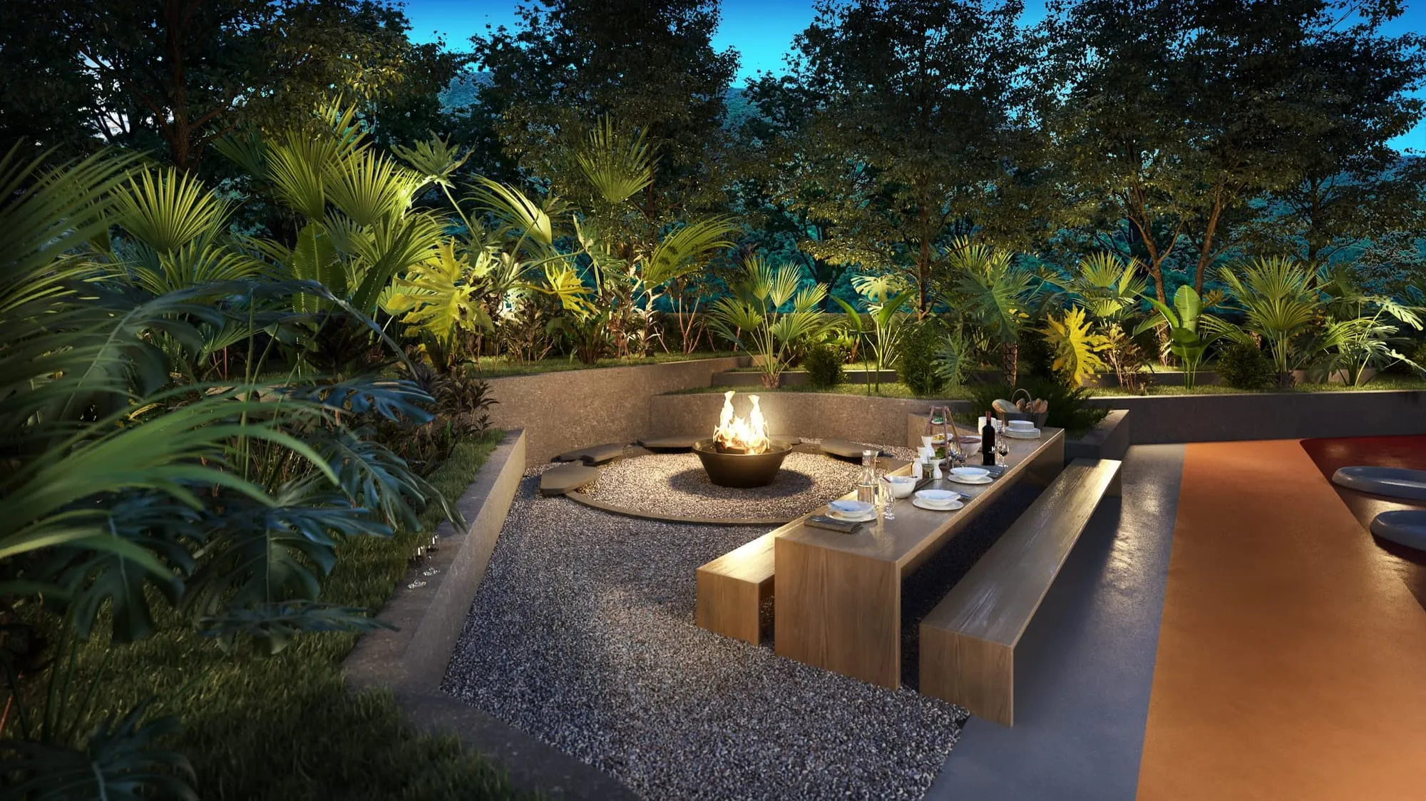 Night 3D rendering of the fire-pit terrace at Torres Acacia, a sunken gravel circle with a burning fire bowl, timber benches and a set dining table, surrounded by dense tropical planting.
