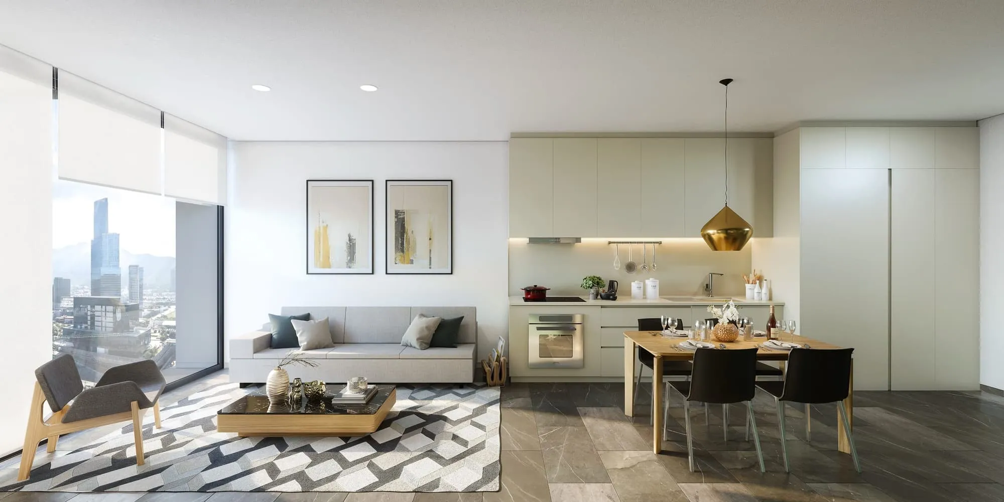 Interior 3D rendering of an open-plan residence at Torres Acacia, a gray sofa and patterned rug in front of a pale kitchen wall with a set dining table under a brass pendant, city towers in the window.