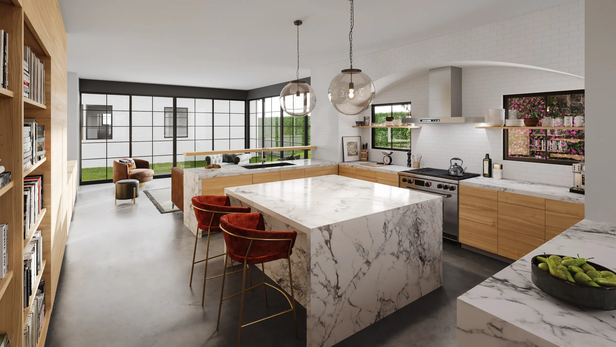 Photorealistic 3D rendering by NoTriangle Studio of the kitchen of the Tranquila Residence: a white marble island with rust velvet stools, oak cabinets, a white brick arch over the range, and steel-framed windows onto the garden.
