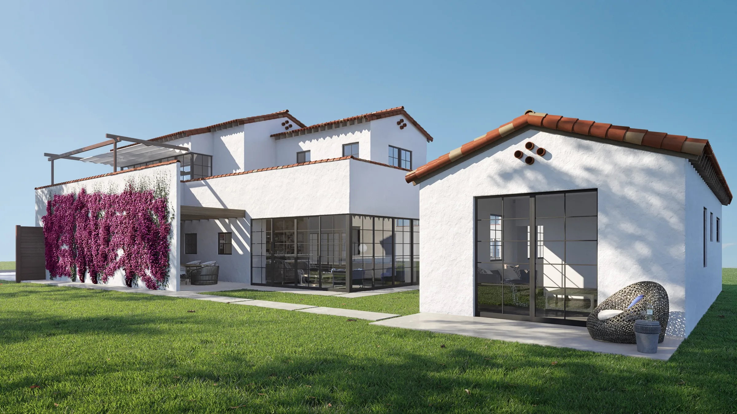 Photorealistic 3D rendering by NoTriangle Studio of the Tranquila Residence, a white Spanish-style house with red tile roofs, black steel windows, a pergola terrace and a wall covered in magenta bougainvillea, beside a lawn and guest house.
