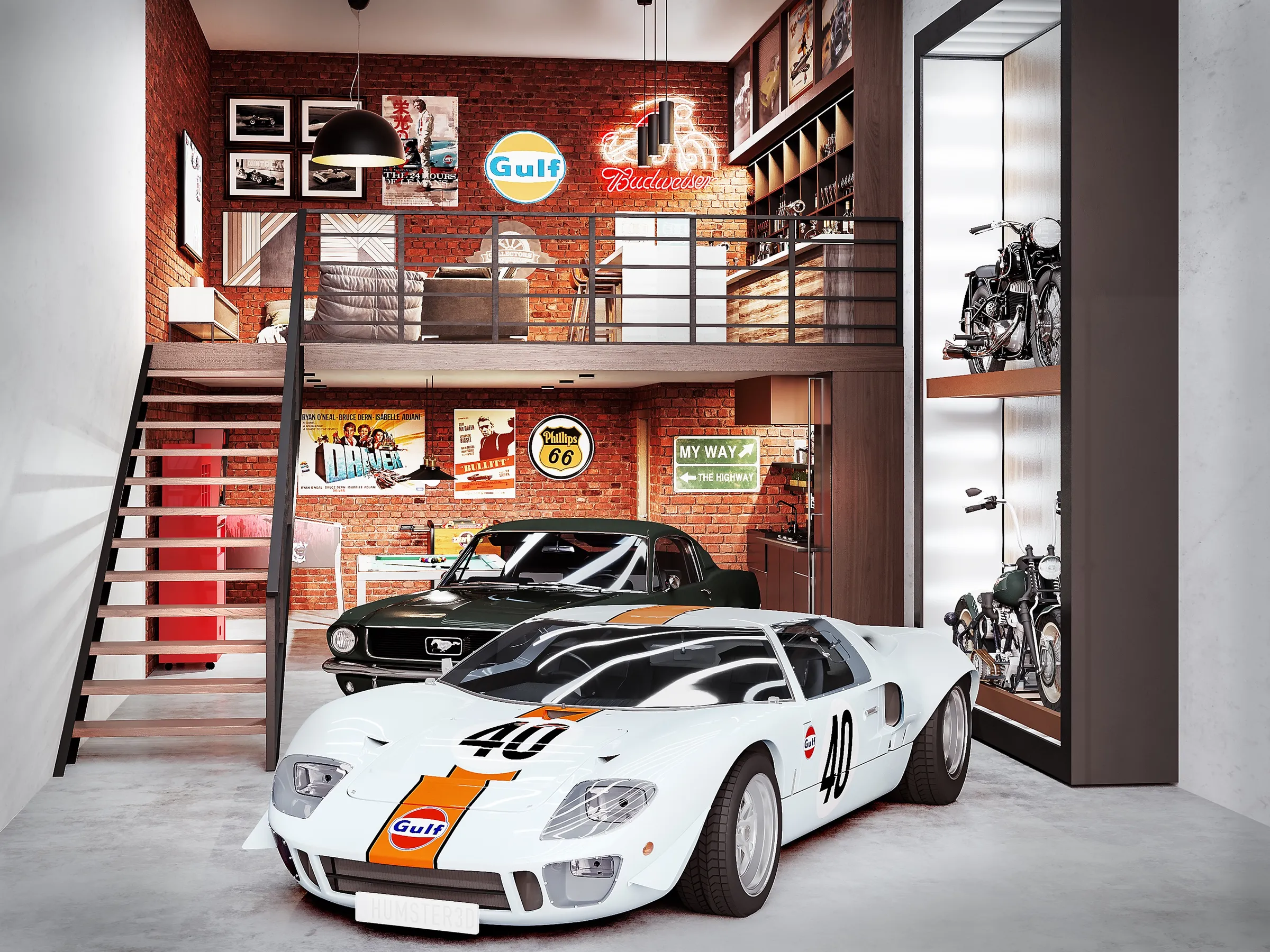 3D interior rendering by NoTriangle Studio of the Detroit unit at Trove car condominiums in Richmond, BC, designed by Truspace: exposed red brick hung with vintage racing and film posters and enamel signs, a white Ford GT40 with an orange stripe and a dark green classic Mustang on a concrete floor, a steel stair up to a lounge mezzanine with a bar, and a tall glass case displaying two motorcycles.