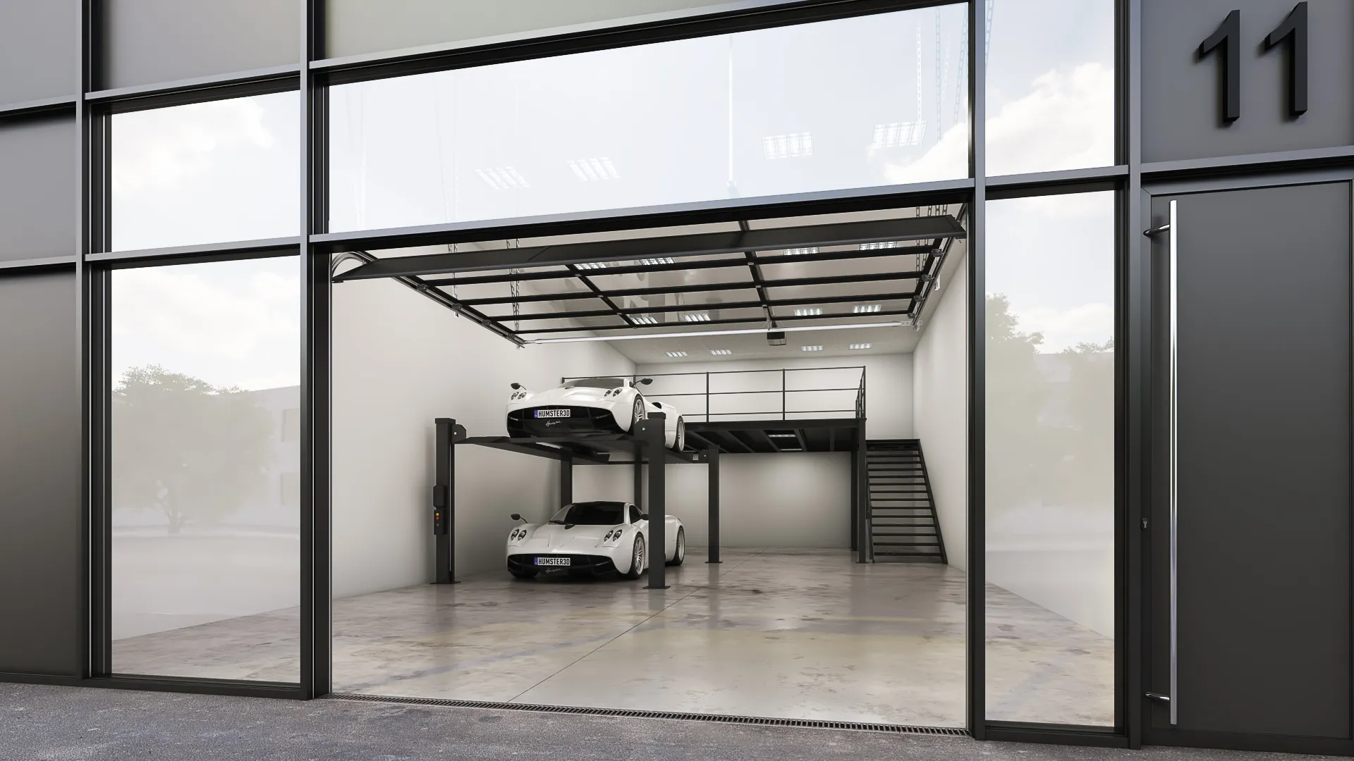 3D rendering by NoTriangle Studio of an empty unit at Trove car condominiums in Richmond, BC, seen from outside through its raised glass overhead door beside a door marked 11: a white bay with a concrete floor, a two-level car lift holding two white supercars, and a steel mezzanine and stair at the back.