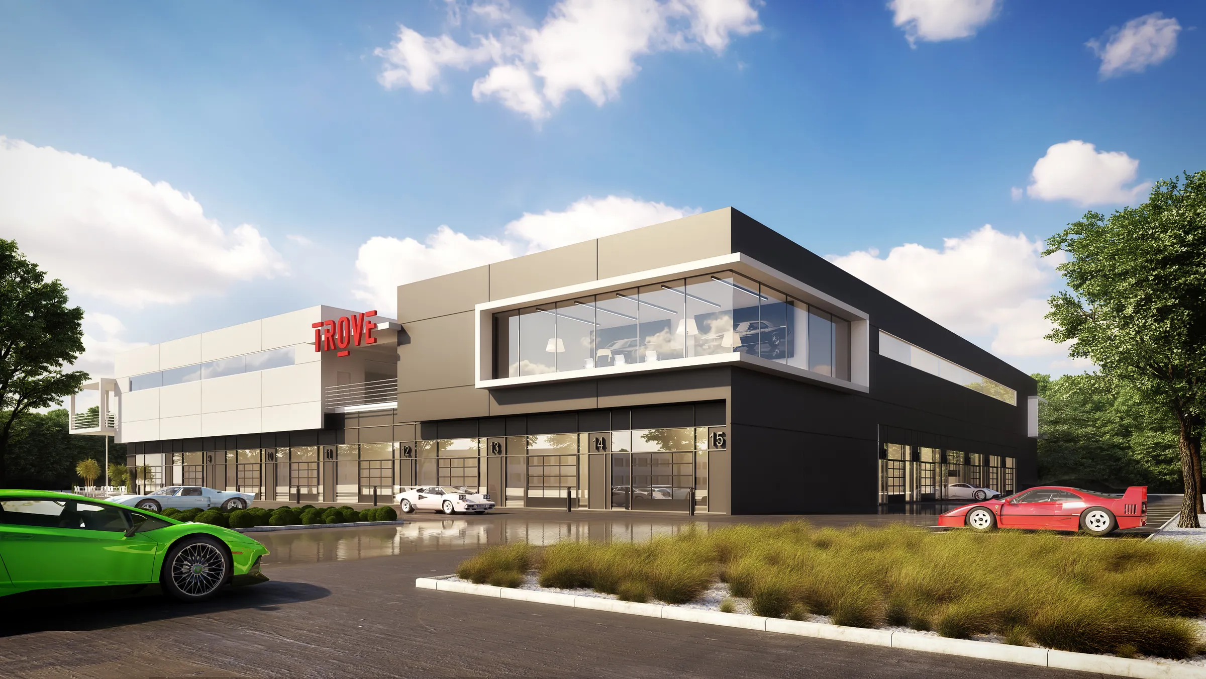 Daytime 3D exterior rendering by NoTriangle Studio of Trove, the luxury car condominium building by Hungerford Properties in Richmond, BC: a two-storey building in white and charcoal panels with a red Trove sign, a white-framed glass lounge window on the upper floor, numbered glass garage doors along the ground floor, and a green supercar and a red Ferrari F40 in the forecourt.
