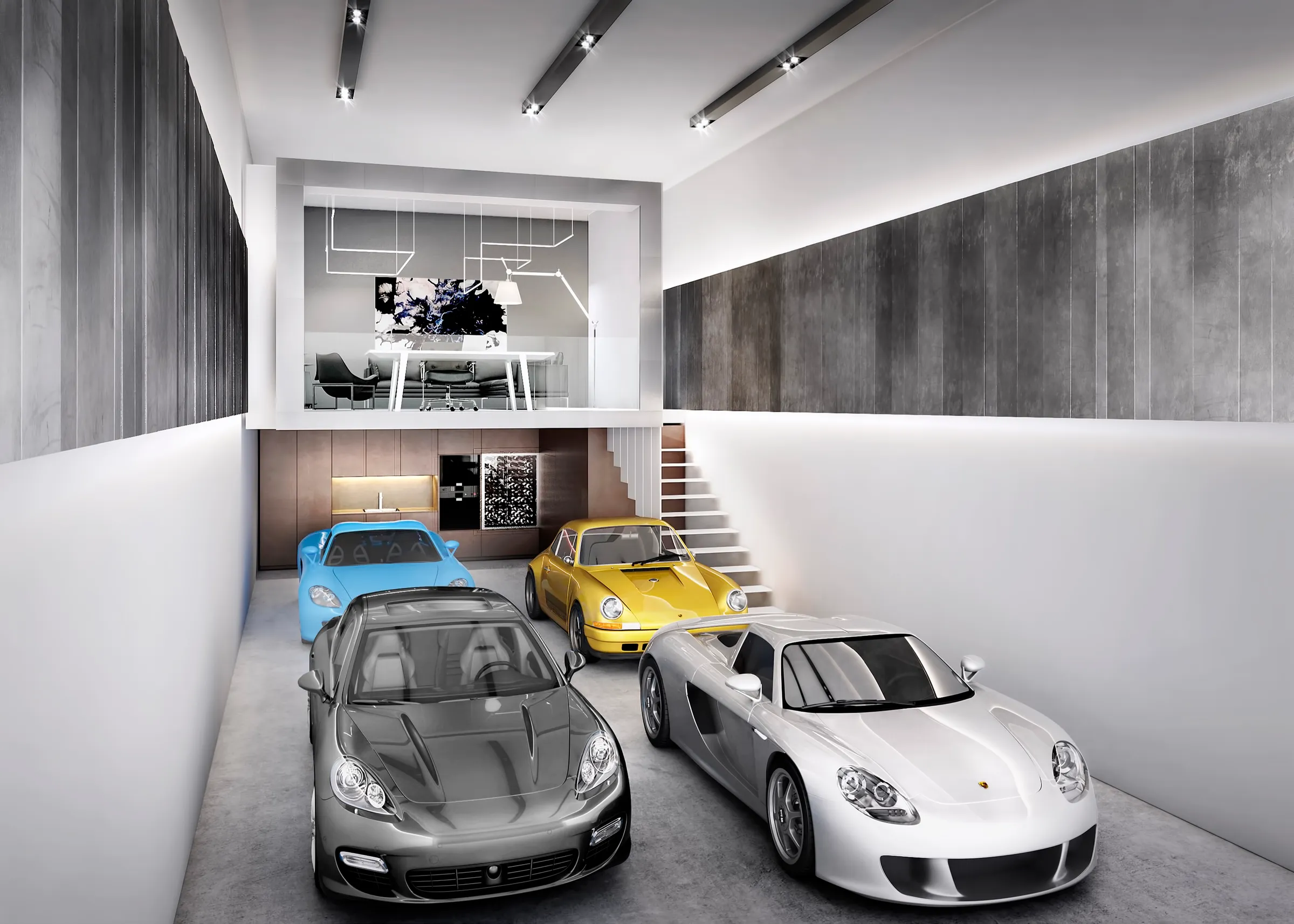 3D interior rendering by NoTriangle Studio of the Stuttgart unit at Trove car condominiums in Richmond, BC, designed by Truspace: four Porsches parked on a pale concrete floor between charcoal wall panels and white walls with cove lighting, a timber kitchen wall and a floating white stair at the back, and a white-framed glass mezzanine office above.