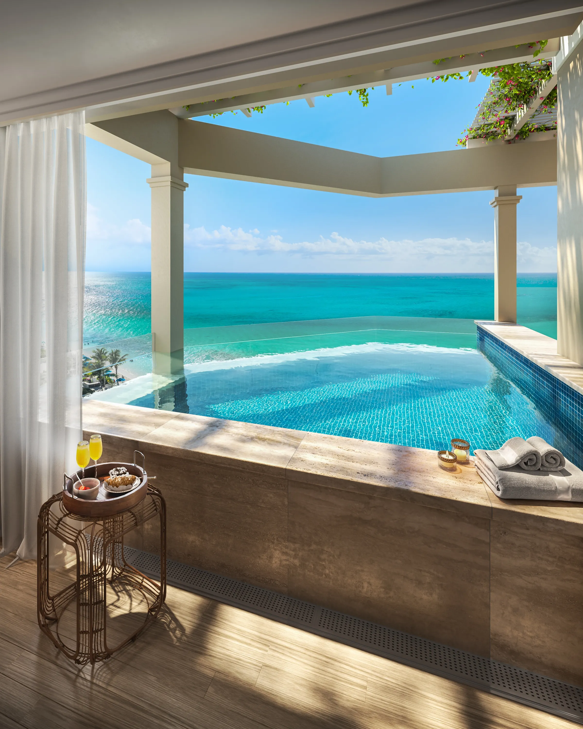 3D rendering of a penthouse private skypool, a tiled infinity plunge pool under a colonnaded terrace with a sheer curtain, a breakfast tray on a side table, and an open horizon over the turquoise sea.