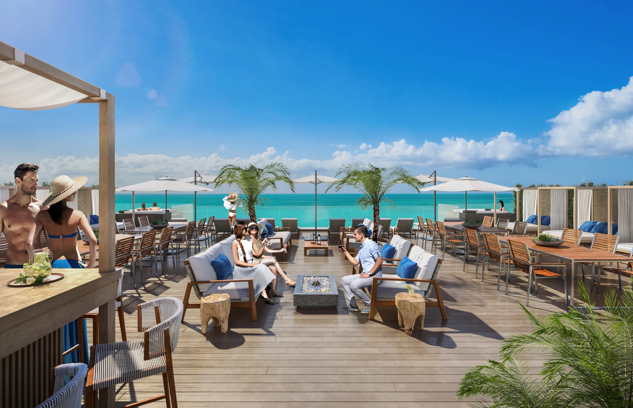 3D rendering of the resort's rooftop terrace, with timber decking, cushioned lounge seating, dining tables under white umbrellas, and potted palms overlooking a turquoise sea.