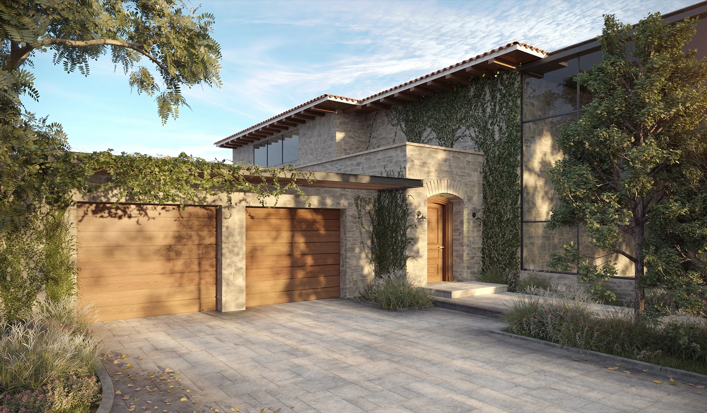 Exterior 3D rendering of a Tuscan-modern stone home with climbing vines, a clay tile roof and wood garage doors under an old tree