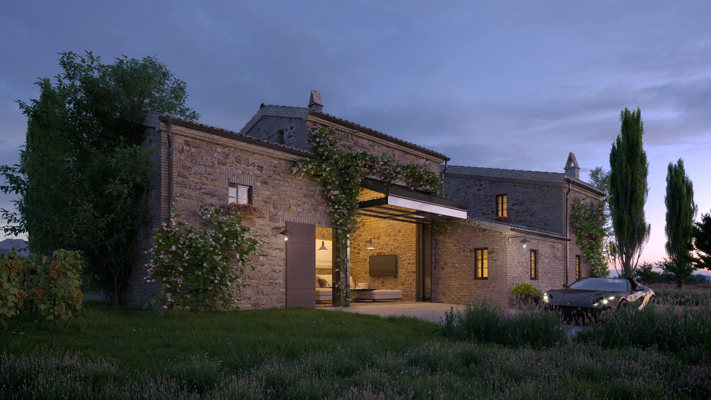 Dusk 3D exterior rendering of a Tuscan-style stone farmhouse with a wide glass door open to a terrace and lavender beds