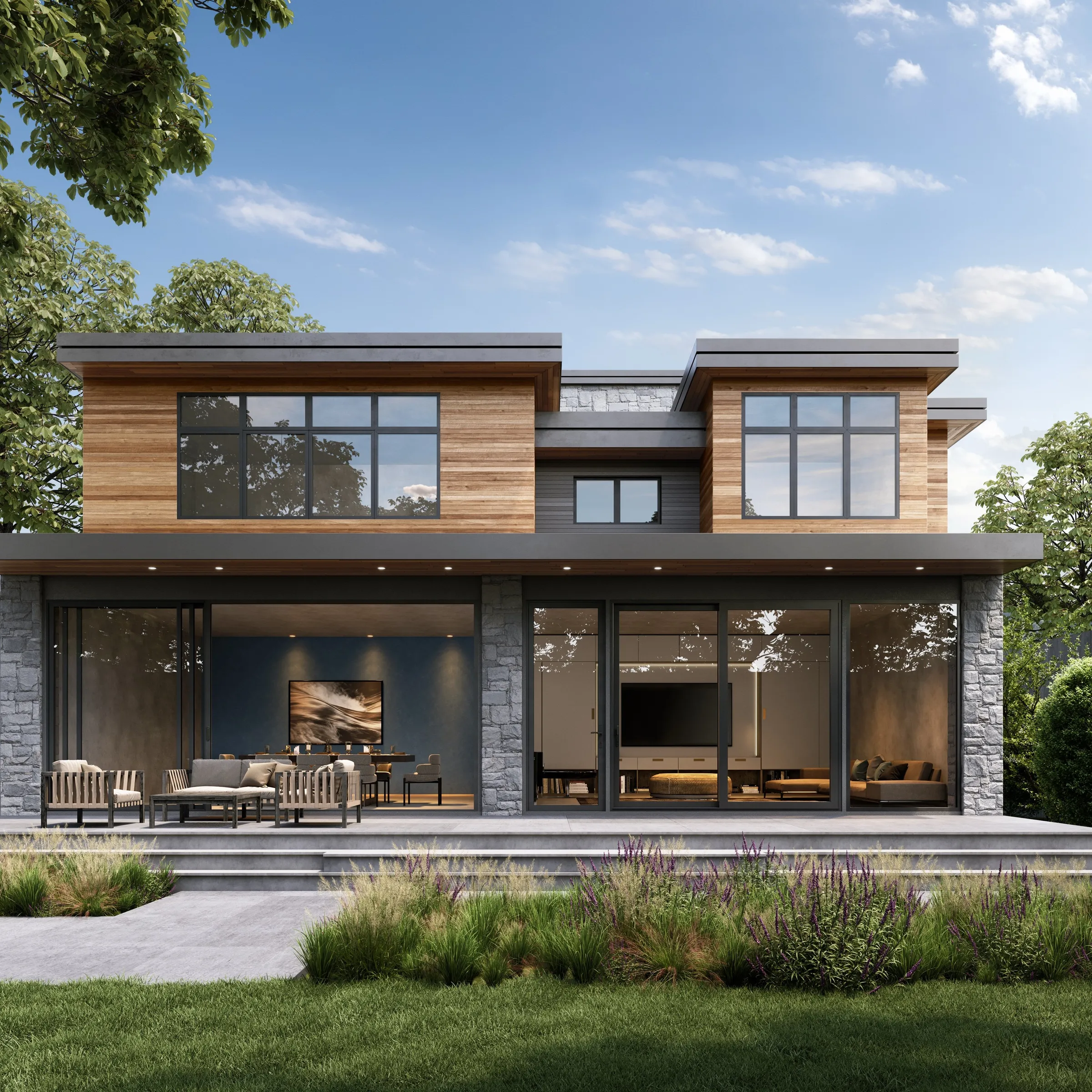 Exterior 3D rendering of a two-story modern house in timber, stone and black-framed glass above a garden terrace