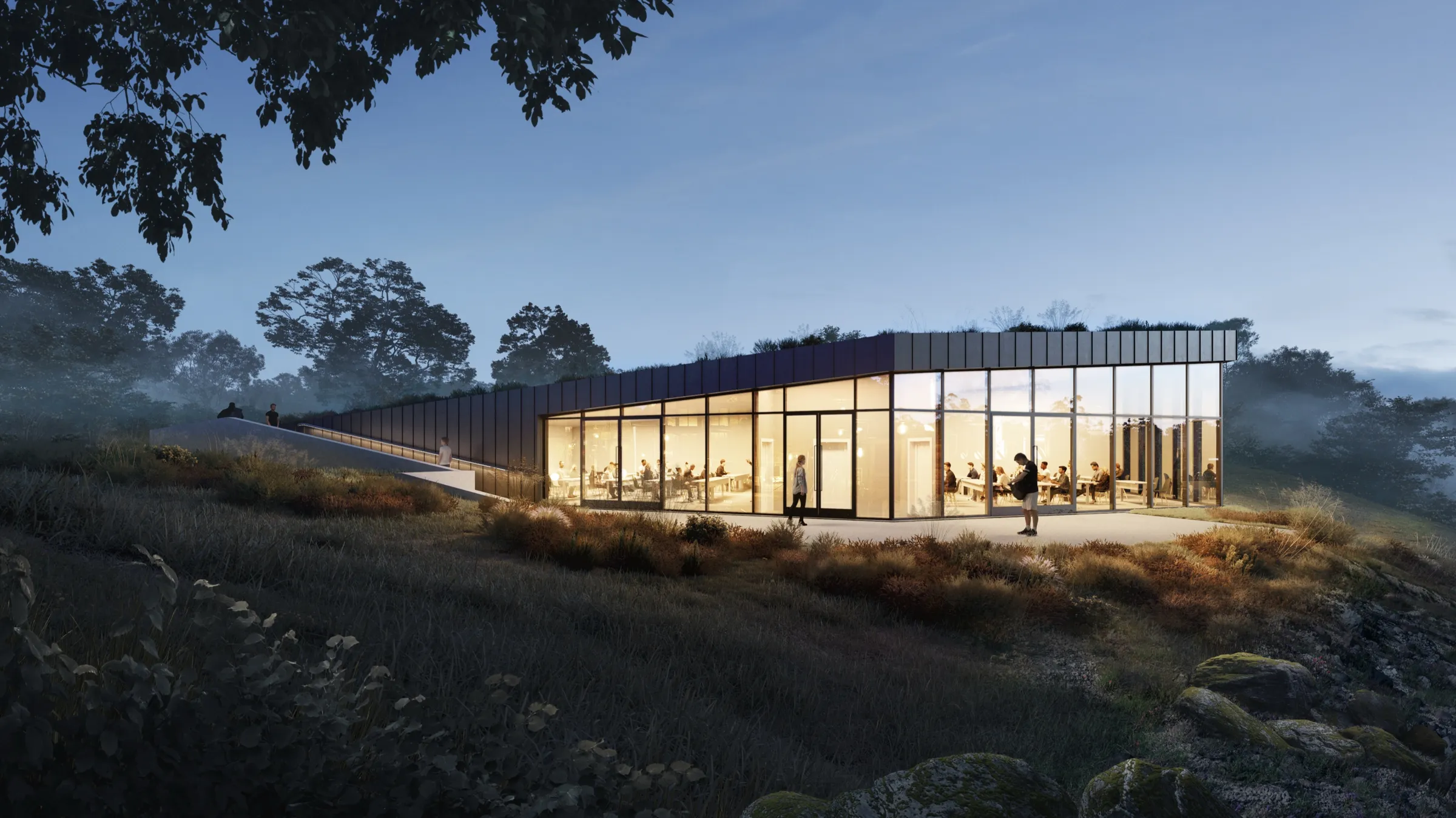 Dusk 3D rendering of the University of Health and Performance classroom building, a low glass-walled pavilion under a green roof glowing warm from within as people sit at tables inside, set in a misty meadow at blue hour.