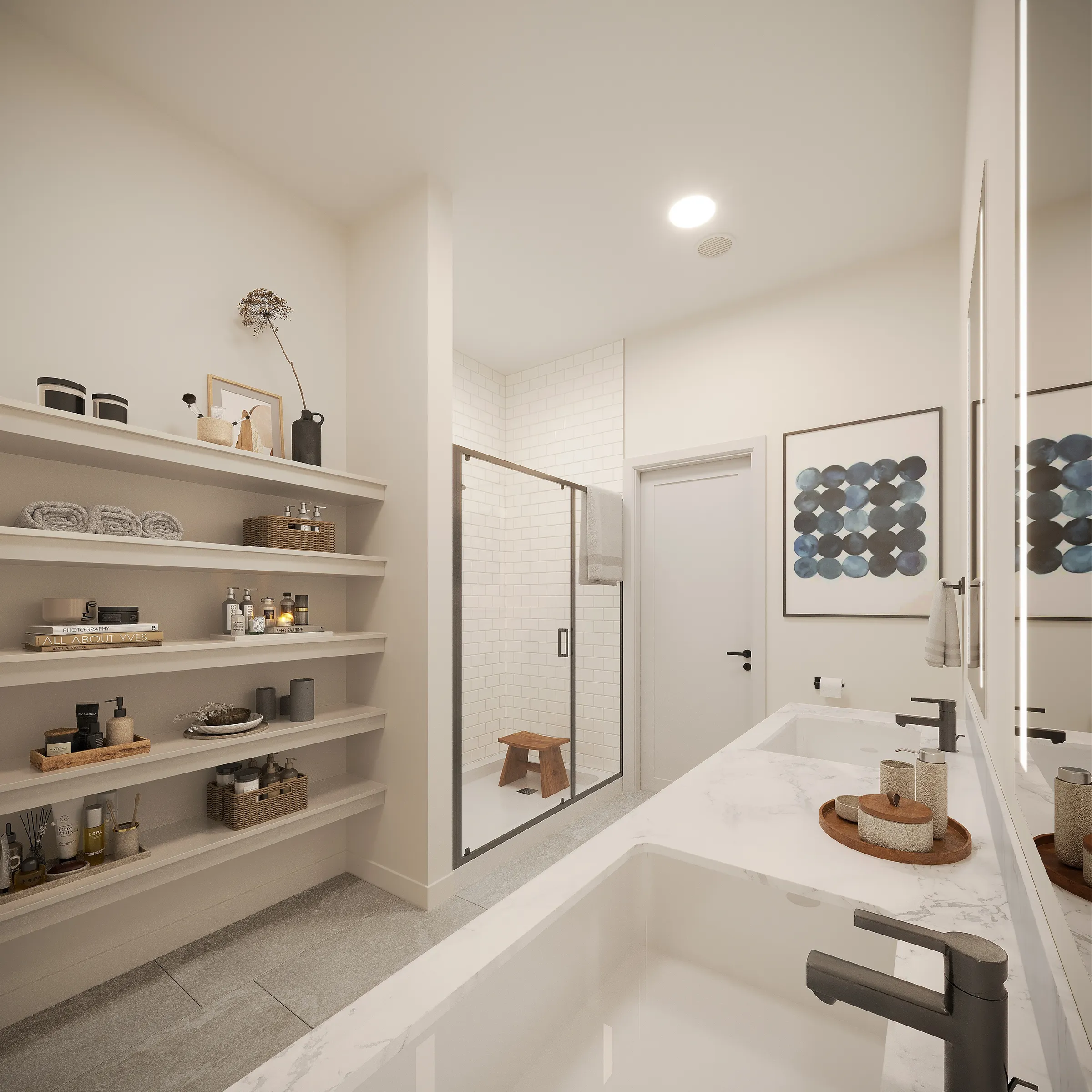 3D rendering of a model apartment bathroom at Valleydale Apartments in Salem, Virginia, with a double marble-look vanity and matte-black faucets, a subway-tiled glass shower with a wooden stool, open built-in shelving, and framed artwork.