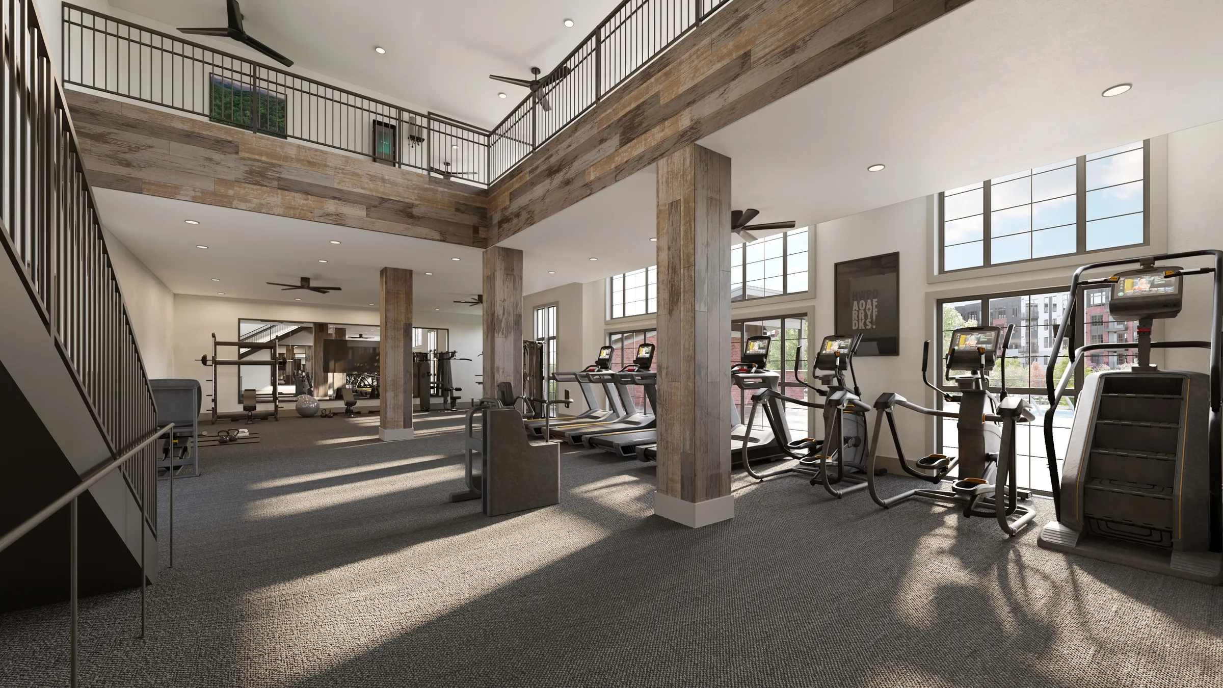 3D rendering of the two-level fitness center at Valleydale Apartments in Salem, Virginia, with rows of treadmills, ellipticals, and a stair climber along tall windows, a strength area at the back, reclaimed-wood columns and beams, and a railed mezzanine above.