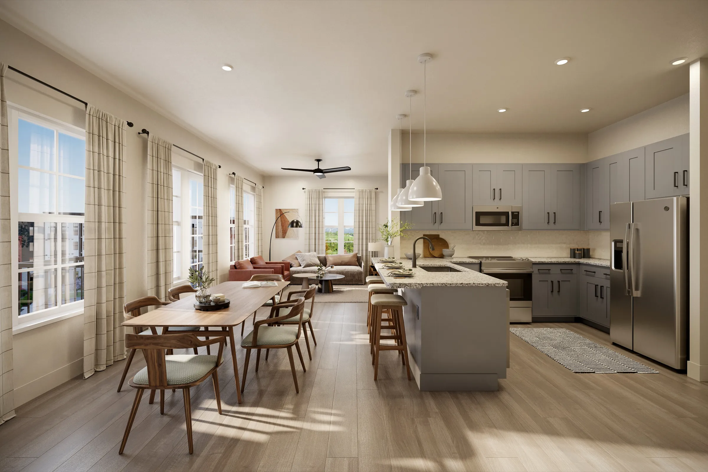 3D rendering of an open-plan model apartment at Valleydale Apartments in Salem, Virginia, with grey shaker kitchen cabinets, granite counters, a peninsula with bar stools, a walnut dining table, and a living area lit by tall curtained windows.