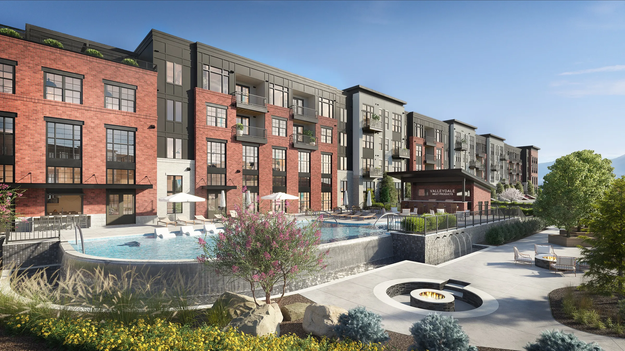 3D rendering of the pool courtyard at Valleydale Apartments in Salem, Virginia, a vanishing-edge pool and sunken fire pit framed by red-brick and charcoal apartment buildings, with a pool pavilion signed Valleydale Meat Products.