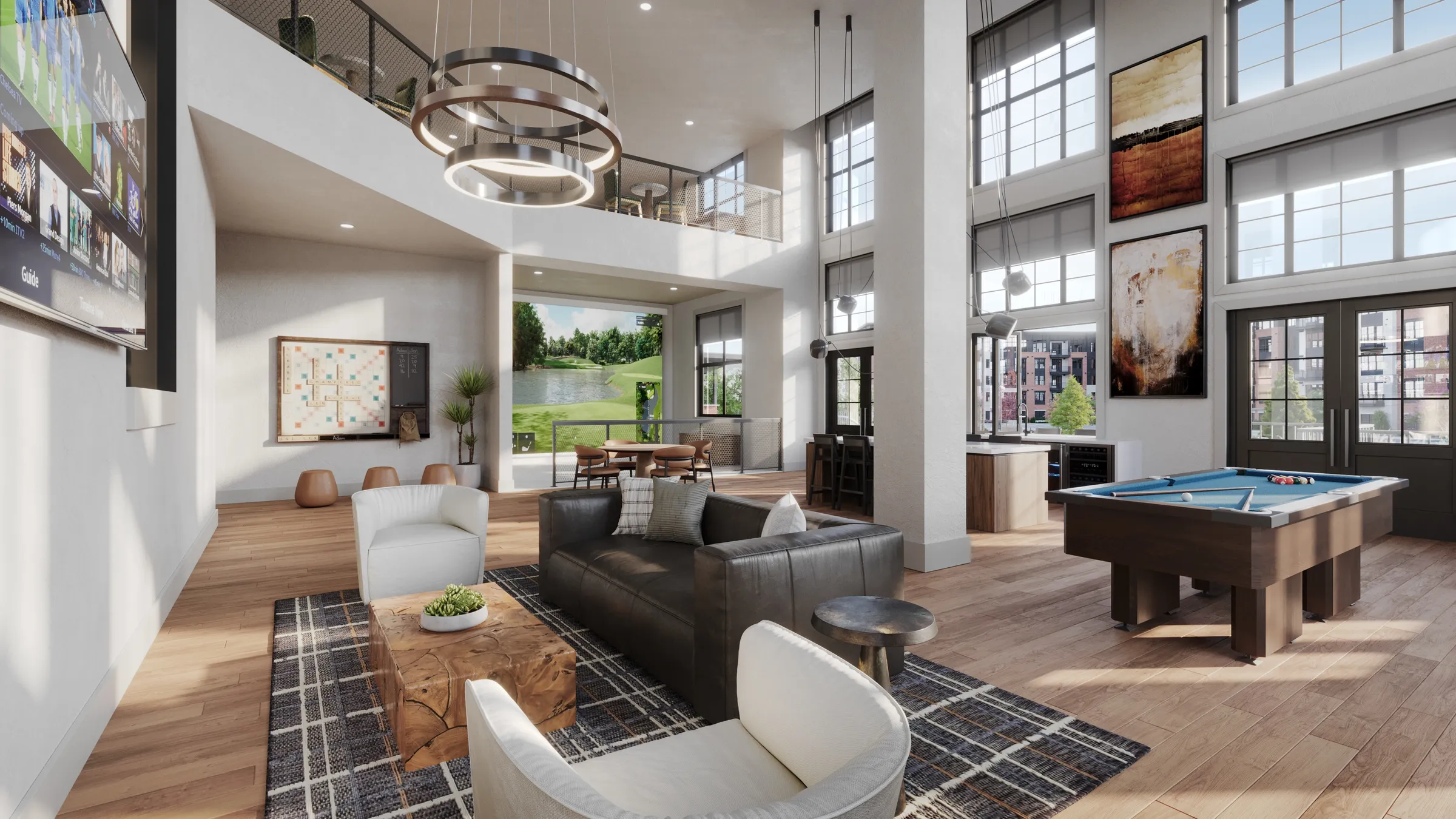 3D rendering of the double-height resident lounge and game room at Valleydale Apartments in Salem, Virginia, with a leather sofa and white armchairs on a plaid rug, a billiards table, a wall-mounted television, a ring chandelier, a screen showing a golf course, and tall windows onto the courtyard.