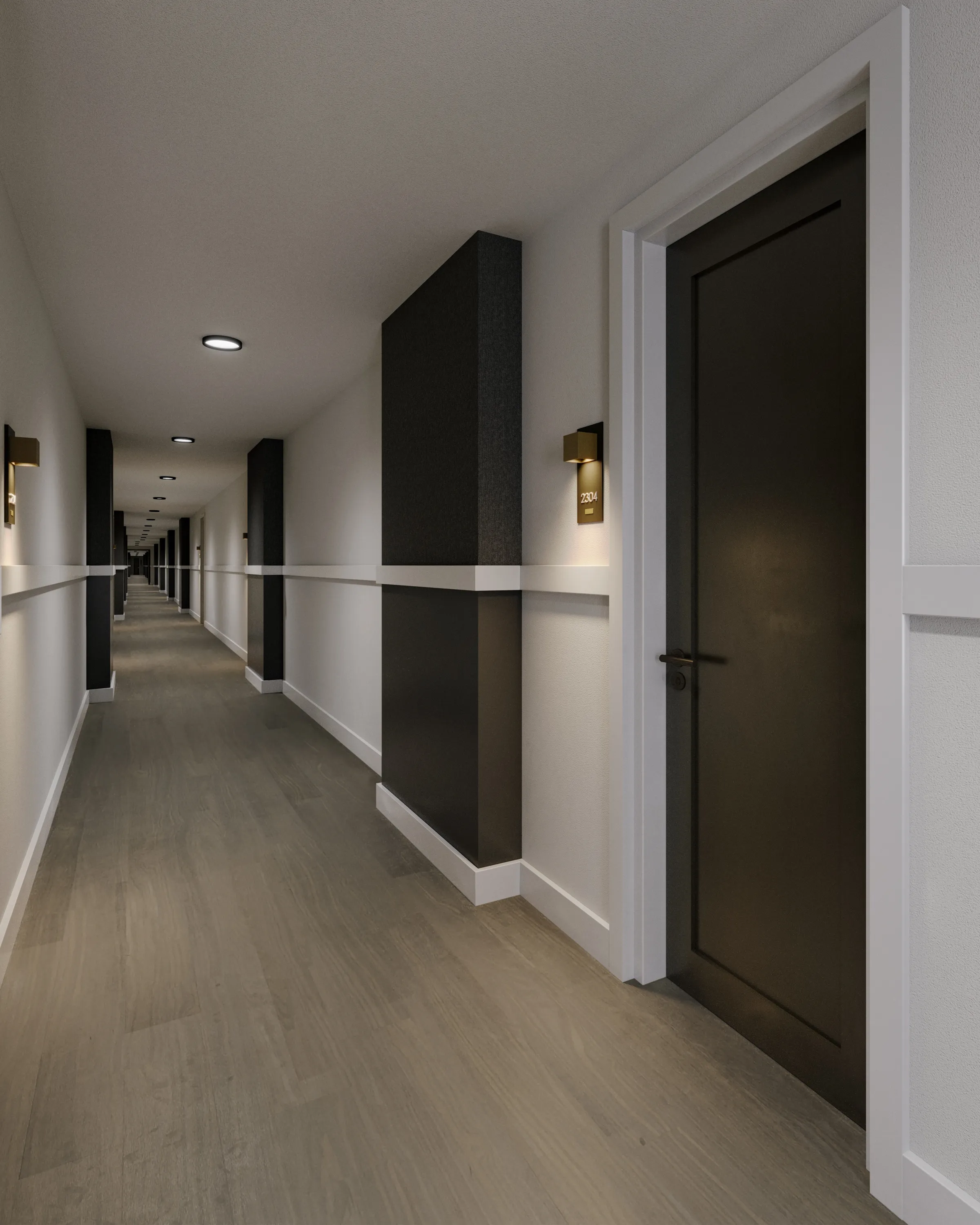 3D rendering of a residential corridor at Valleydale Apartments in Salem, Virginia, with wood-look flooring, white walls with a continuous white chair rail and baseboard, charcoal piers, brass wall sconces with unit number plaques, and a dark unit door.