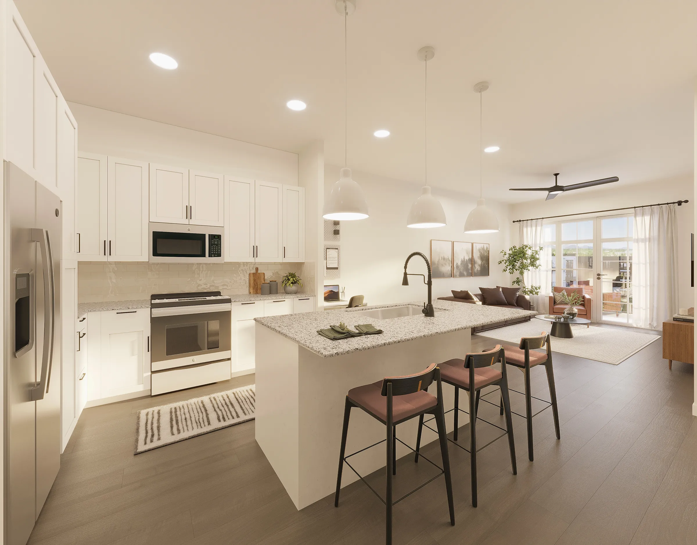 3D rendering of an open-plan model apartment kitchen and living room at Valleydale Apartments in Salem, Virginia, with white shaker cabinets, speckled granite counters, stainless appliances, an island with three bar stools under white pendants, and a living room with doors to a balcony.