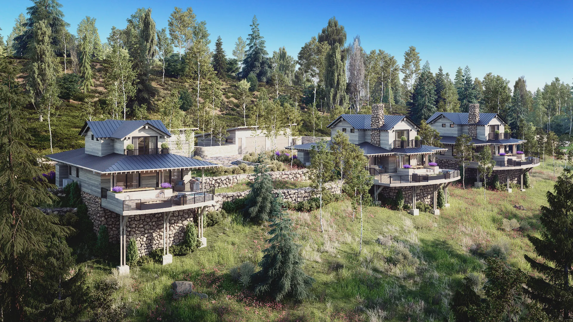 Aerial 3D rendering of three Residence Club cabin homes stepping down a hillside at Victory Ranch in Kamas, Utah, with stone bases, metal roofs and curved decks among aspens and pines