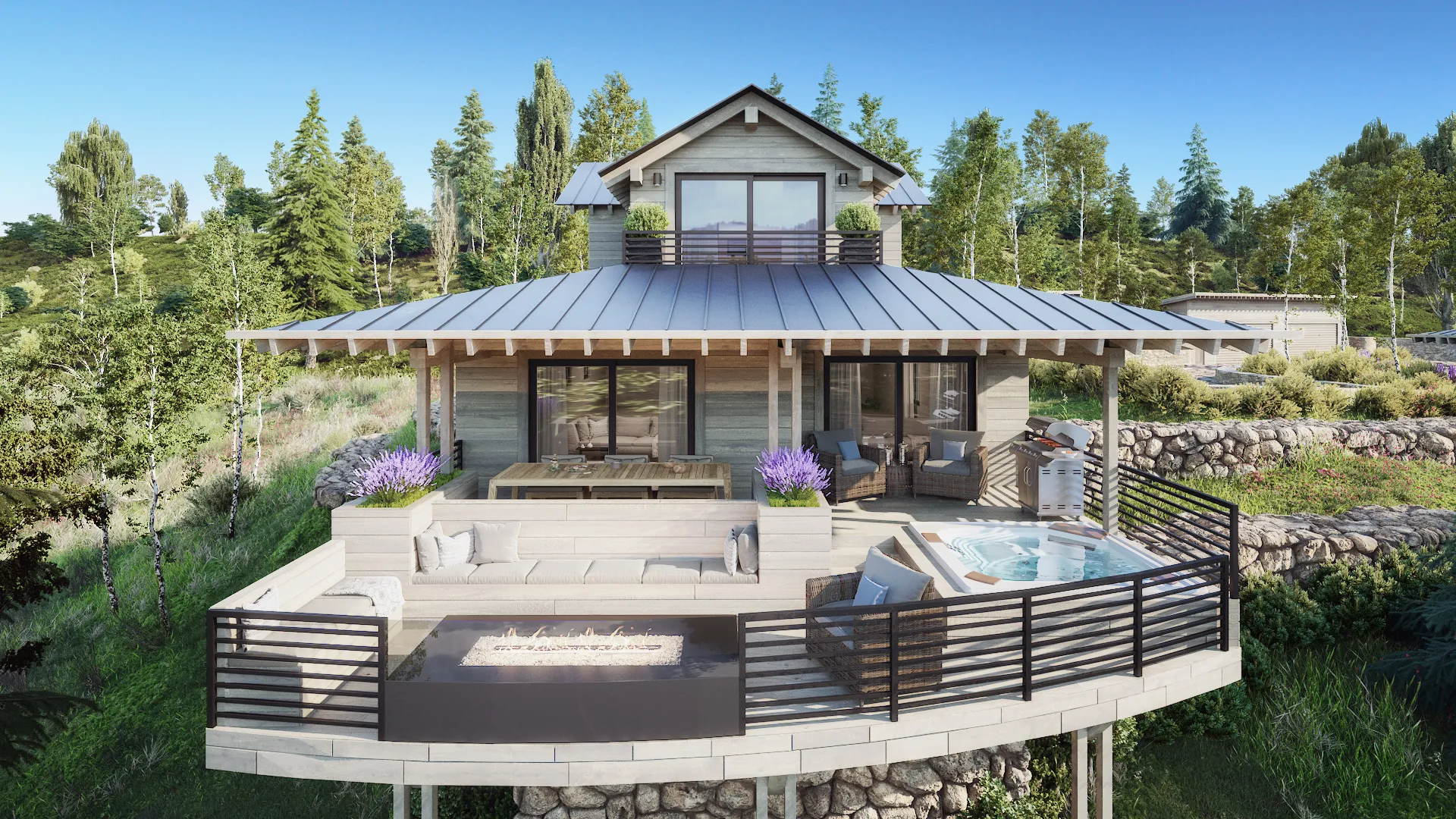 3D rendering of a second Residence Club cabin design at Victory Ranch, Kamas, Utah, with a covered dining porch above stone walls and aspens