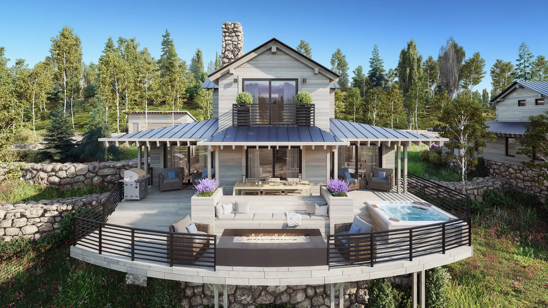 3D rendering of a Residence Club cabin at Victory Ranch, Kamas, Utah, with a stone chimney, a standing-seam metal roof and a curved deck with a sunken lounge, fire table and hot tub