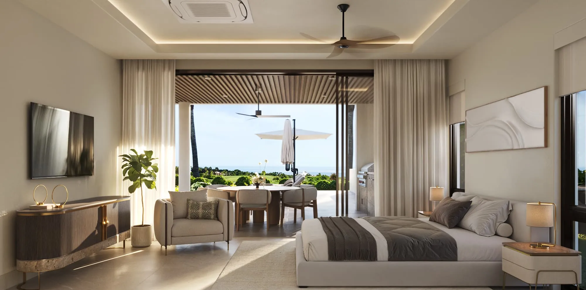 Interior 3D rendering of a Villa Solene guest bedroom at Apes Hill, Barbados, with an upholstered bed dressed in a grey runner, a wall-mounted television above a fluted console, an accent chair, and sliding glass doors opening onto a covered terrace with outdoor dining and a partial ocean and golf-course view through palms.