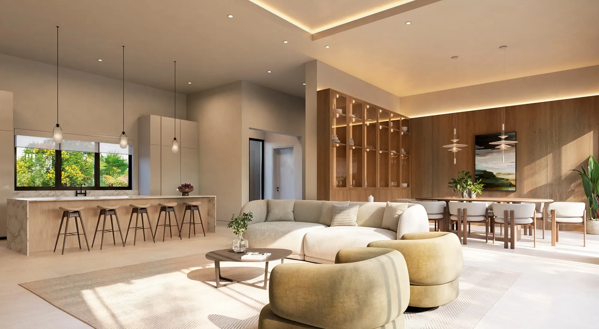 Interior 3D rendering of the Villa Solene open-plan living area at Apes Hill, Barbados, with a cove-lit ceiling, a veined-marble breakfast bar and stools to one side, a curved cream sofa paired with olive-green swivel chairs on a textured rug, glass-front timber display cabinetry, and a dining area beyond.