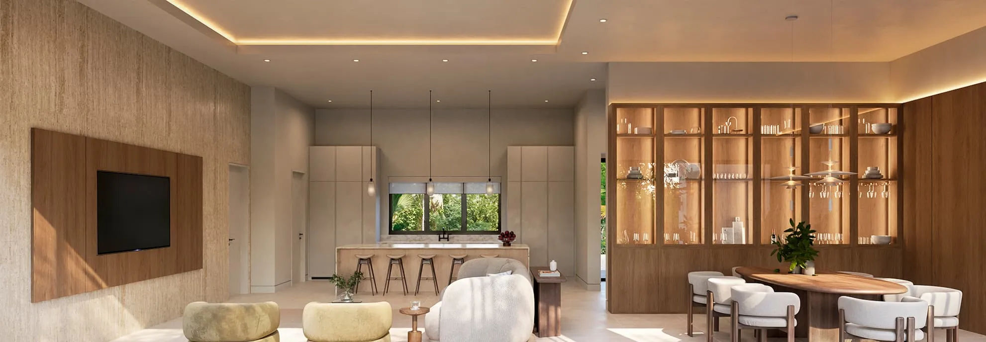 Interior 3D rendering of the Villa Solene living, dining and kitchen space at Apes Hill, Barbados, with a wall-mounted television on a timber-panel wall, a marble island with bar stools, olive-green lounge chairs and a boucle lounge chair, an oval timber dining table with upholstered chairs, and a tall glass-front display cabinet.