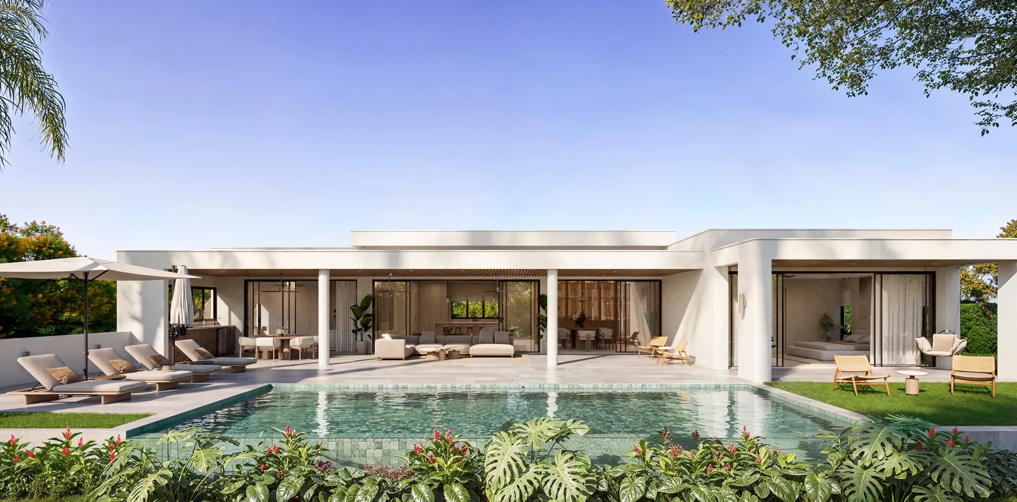 3D rendering of the Villa Solene pool deck at Apes Hill, Barbados, showing a white single-story villa with a covered terrace under deep eaves, a swimming pool, and native tropical planting along the garden edge.