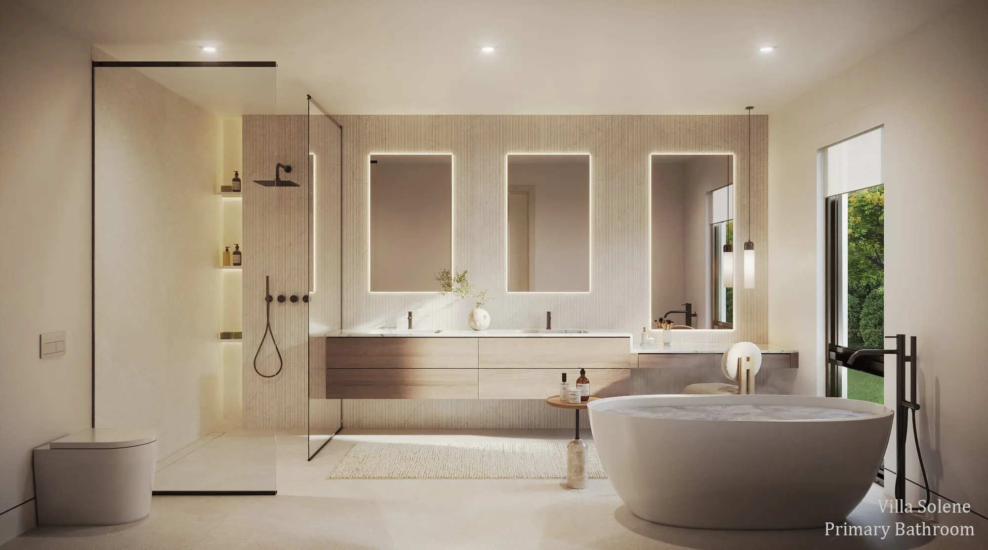 Interior 3D rendering of the Villa Solene primary bathroom at Apes Hill, Barbados, featuring a glass-screened walk-in shower with a fluted stone wall and recessed niches, a double floating timber vanity under backlit mirrors, and a freestanding tub by a garden window.