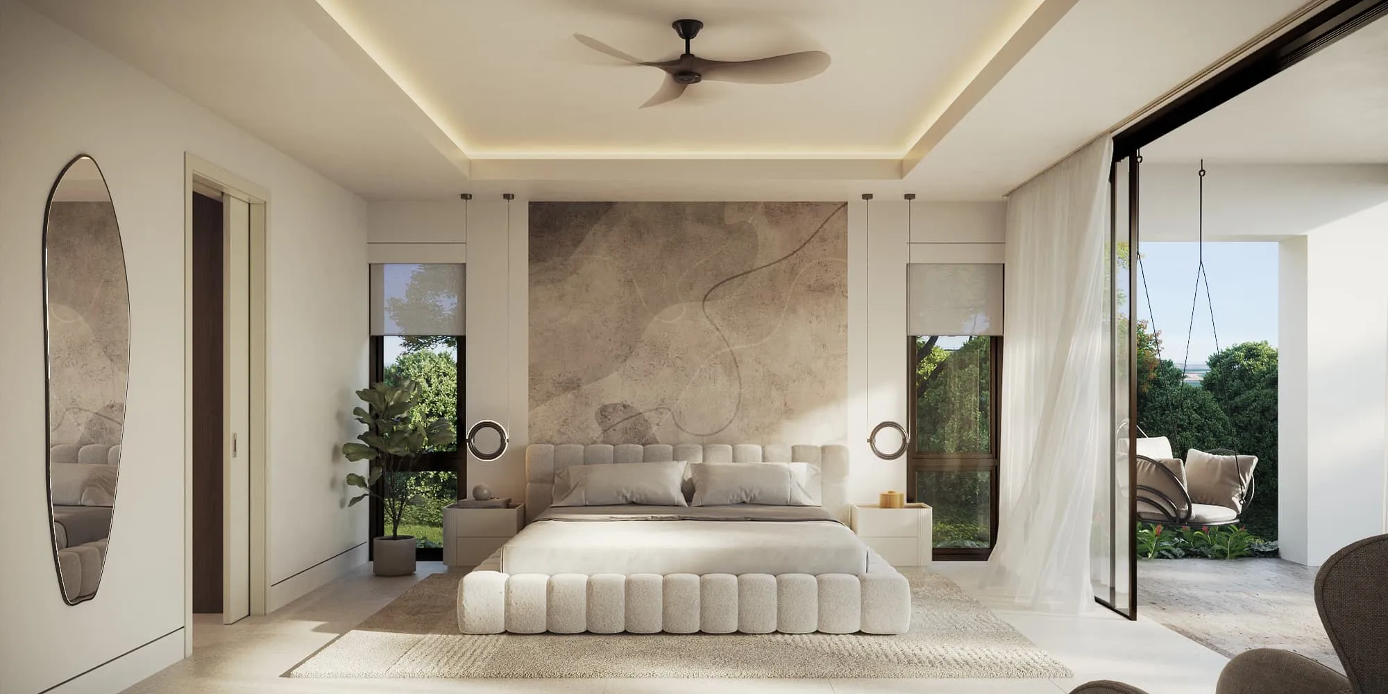 3D rendering of the primary bedroom at Villa Solene, Apes Hill, Barbados: an upholstered bed before a stone feature wall, a ceiling fan and a glass door open to the garden