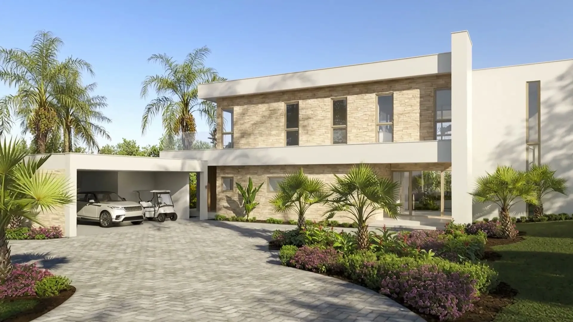 Animation still of Villa Visala, a two-story golf villa at Apes Hill, Barbados, seen from the driveway