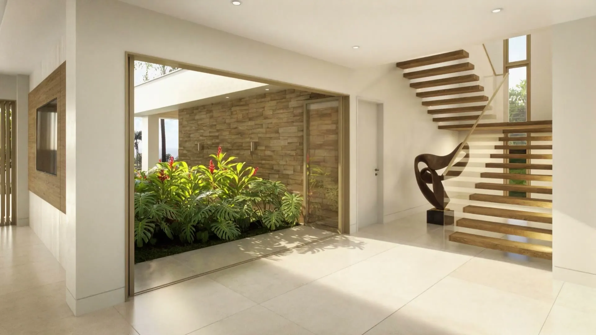 Interior 3D rendering of the Villa Visala entrance foyer featuring a floating timber staircase with a glass balustrade, a sculptural art piece lit from the stair, and a stone-clad planter with tropical foliage behind floor-to-ceiling glass.