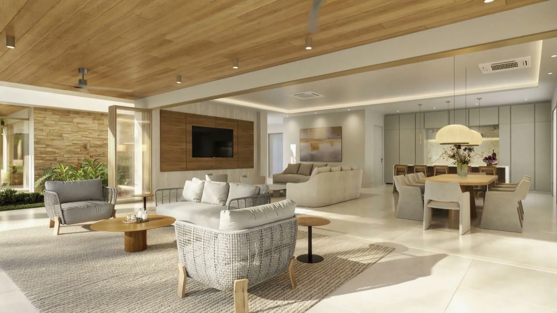 Interior 3D rendering of the Villa Visala living area, a design developed inside the rendering process