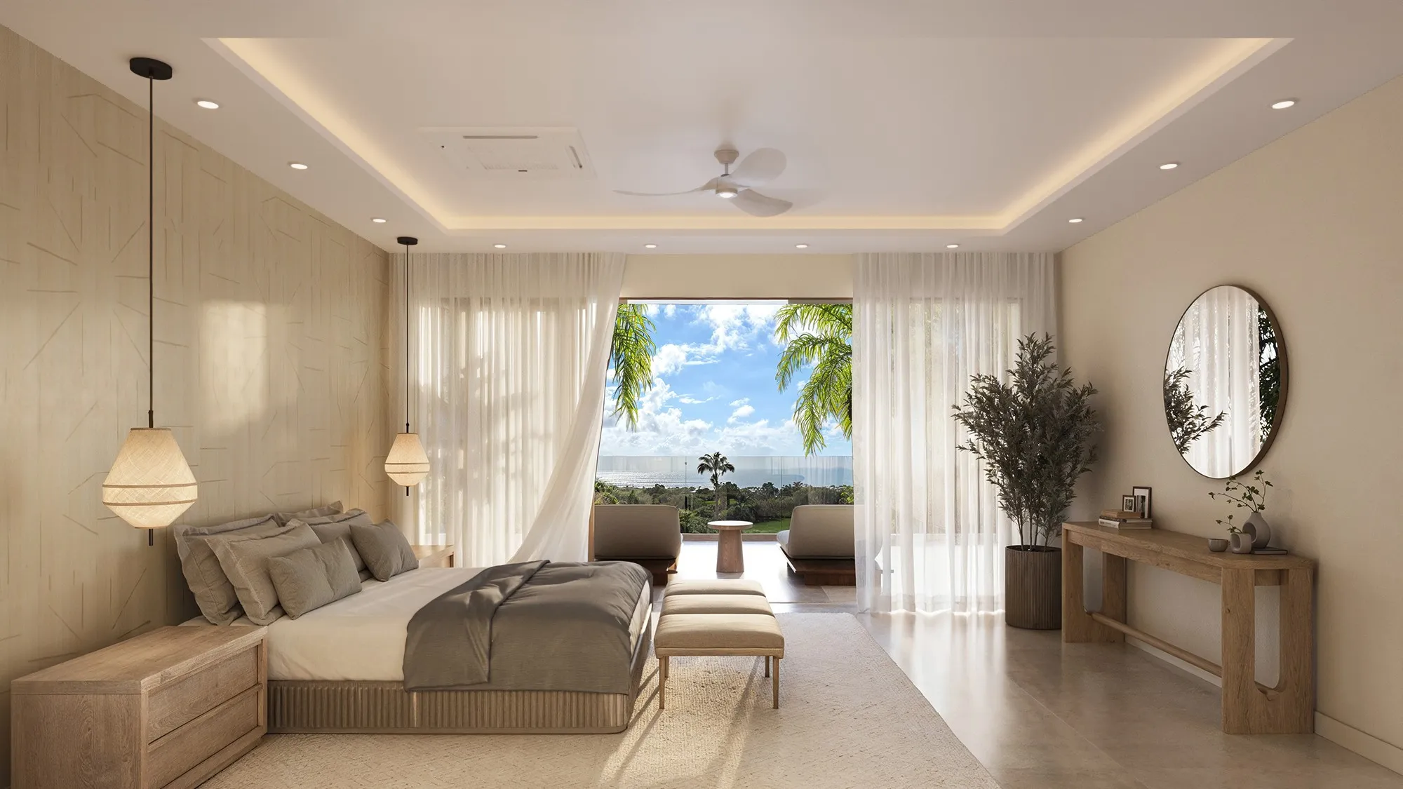 Interior 3D rendering of the primary bedroom at Villa Visala, Apes Hill, Barbados, its curtained glass wall open to a terrace, palms and the sea