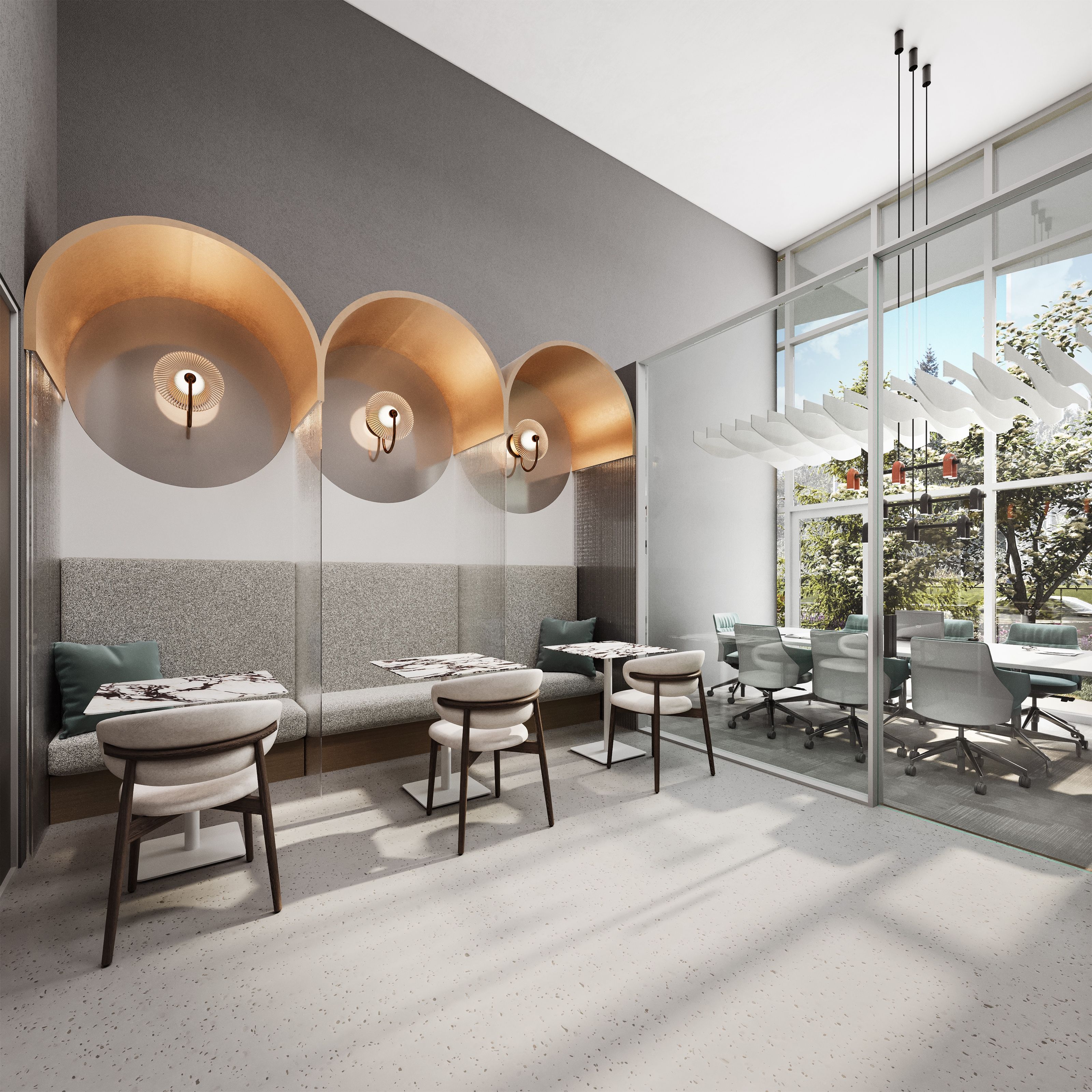 3D interior rendering of a Vivere by Solterra resident lounge with oversized copper dish wall sconces, banquette seating and cafe tables, and a glass-walled meeting room beside a double-height window.