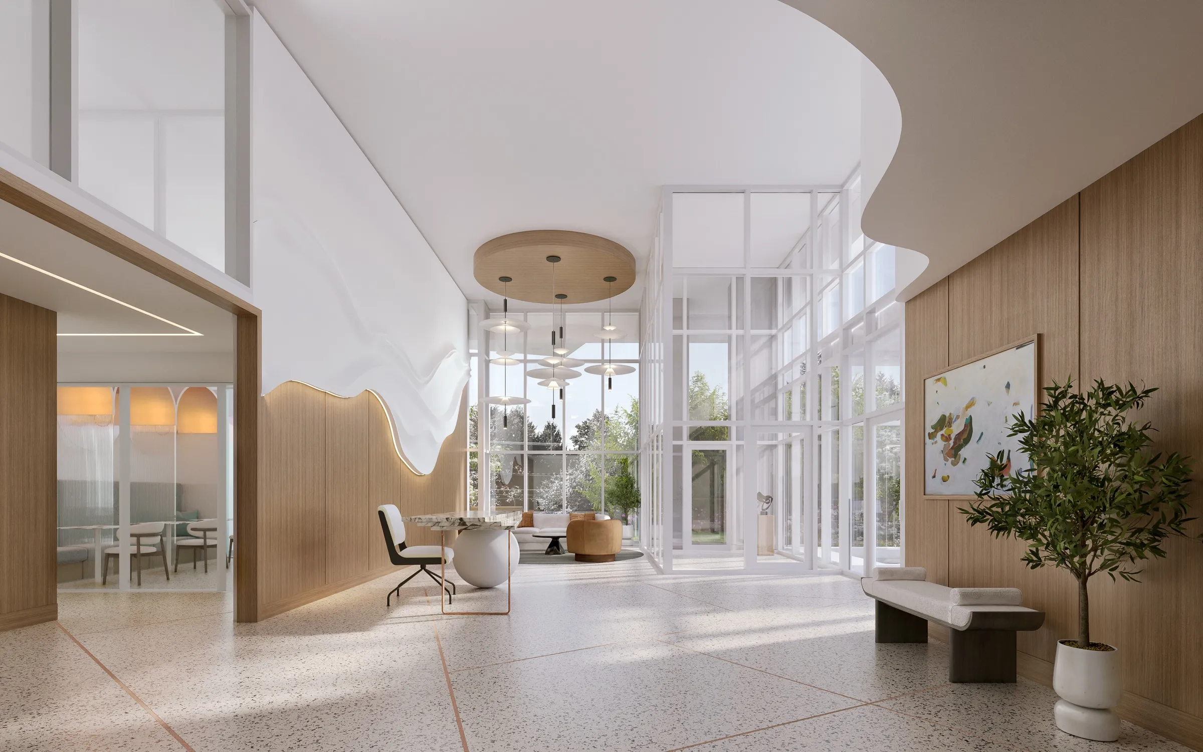 3D rendering of the amenity lobby at Vivere by Solterra, Surrey