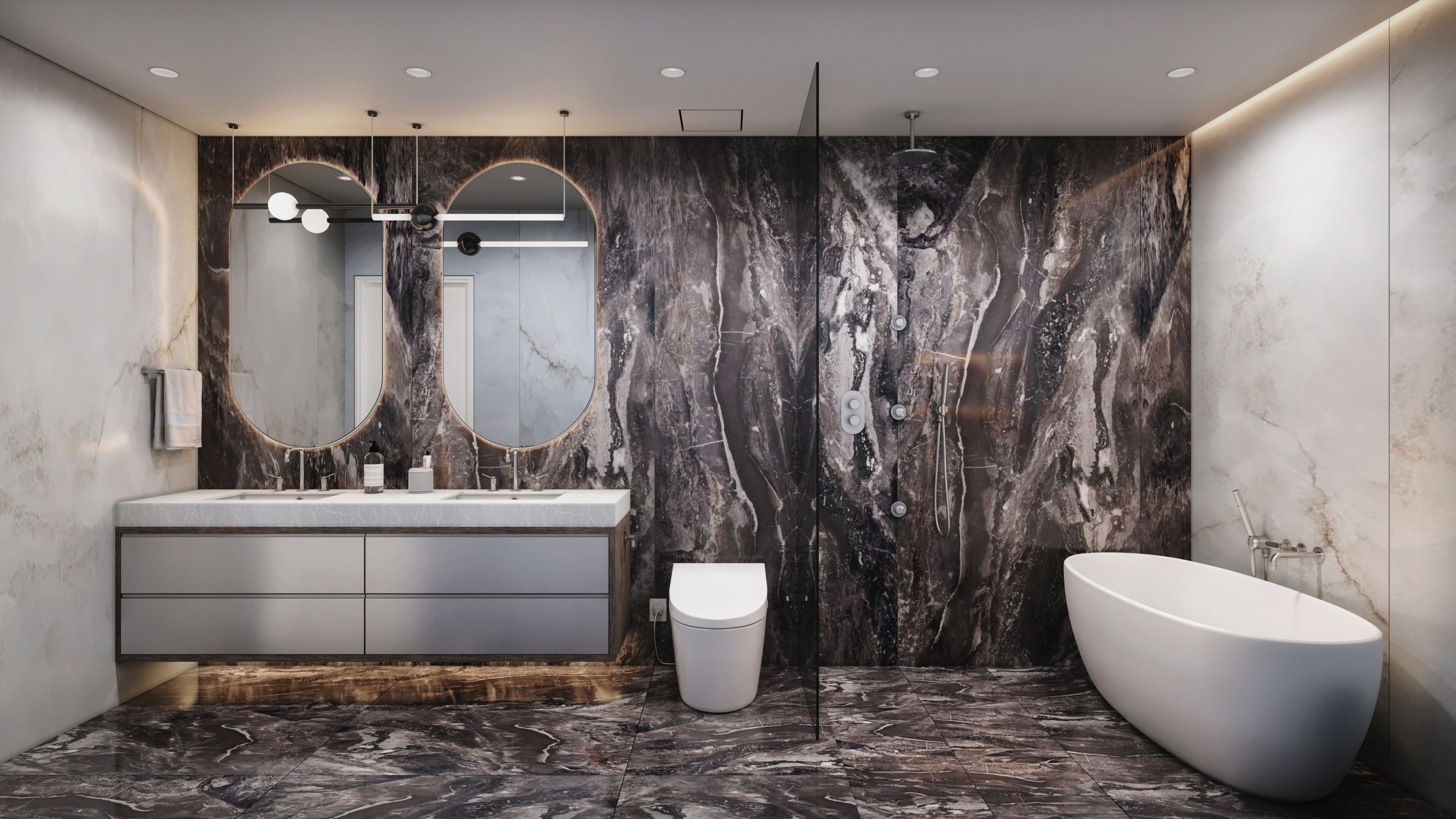 3D interior rendering of a Vivere by Solterra primary bathroom anchored by a dramatic dark veined marble feature wall and floor, with a freestanding soaking tub, a double grey vanity, and twin oval mirrors.